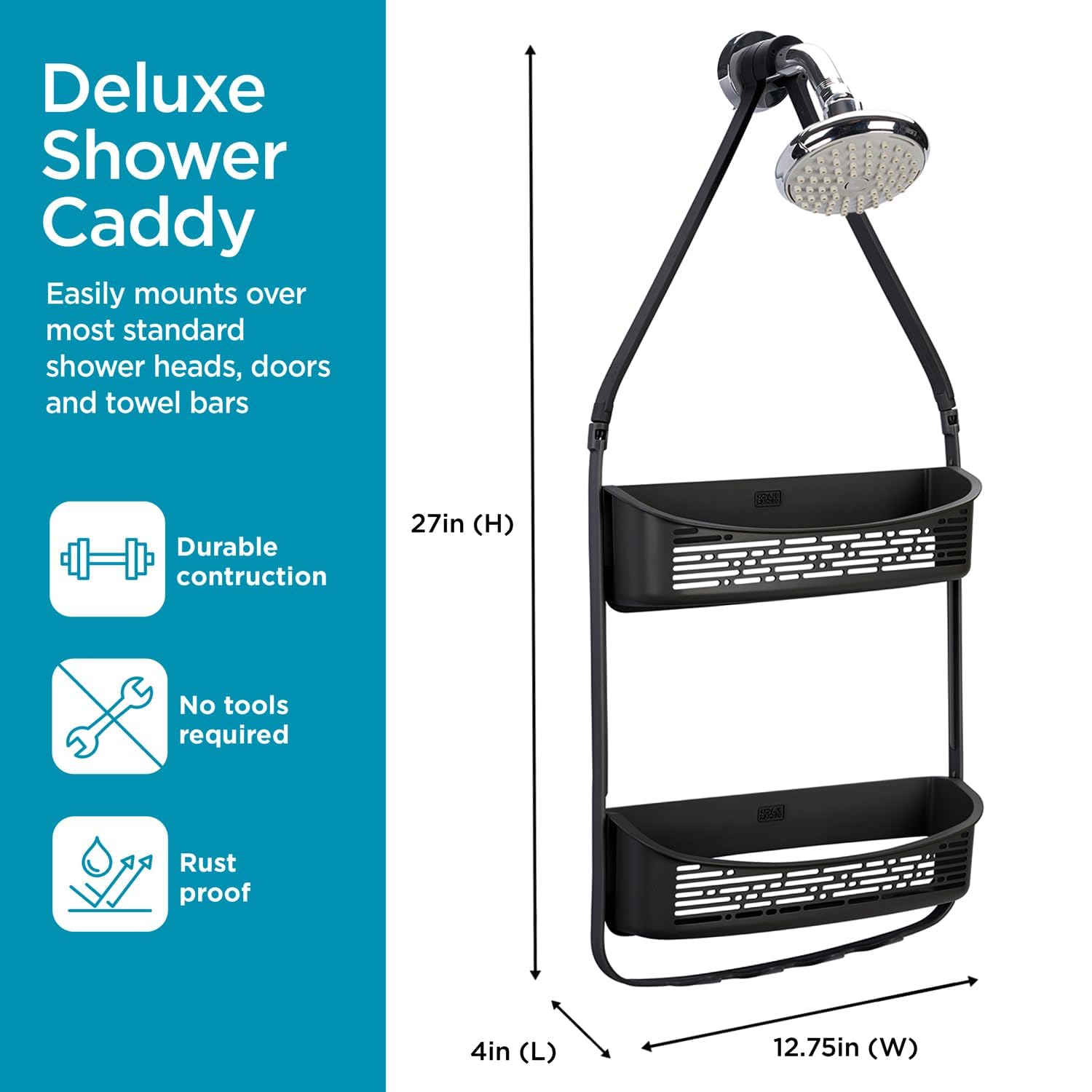 BLACK+DECKER 2-Way Convertible Hanging Shower Caddy with Anti-Swing Design - Adjustable Arm Over The Door Organizer with Loofah & Razor Hooks - Perfect for Storing Large & Small Bottles, Toiletries & Bath Accessories - Ideal for Bathroom Organization & Space Saving