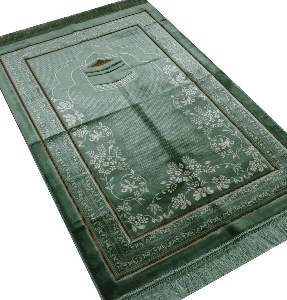 Premium Double Plush Wide Islamic Prayer Rug - Light Green Kaba Design for Home & Mosque Use - Soft & Comfortable for Daily Salah Prayers