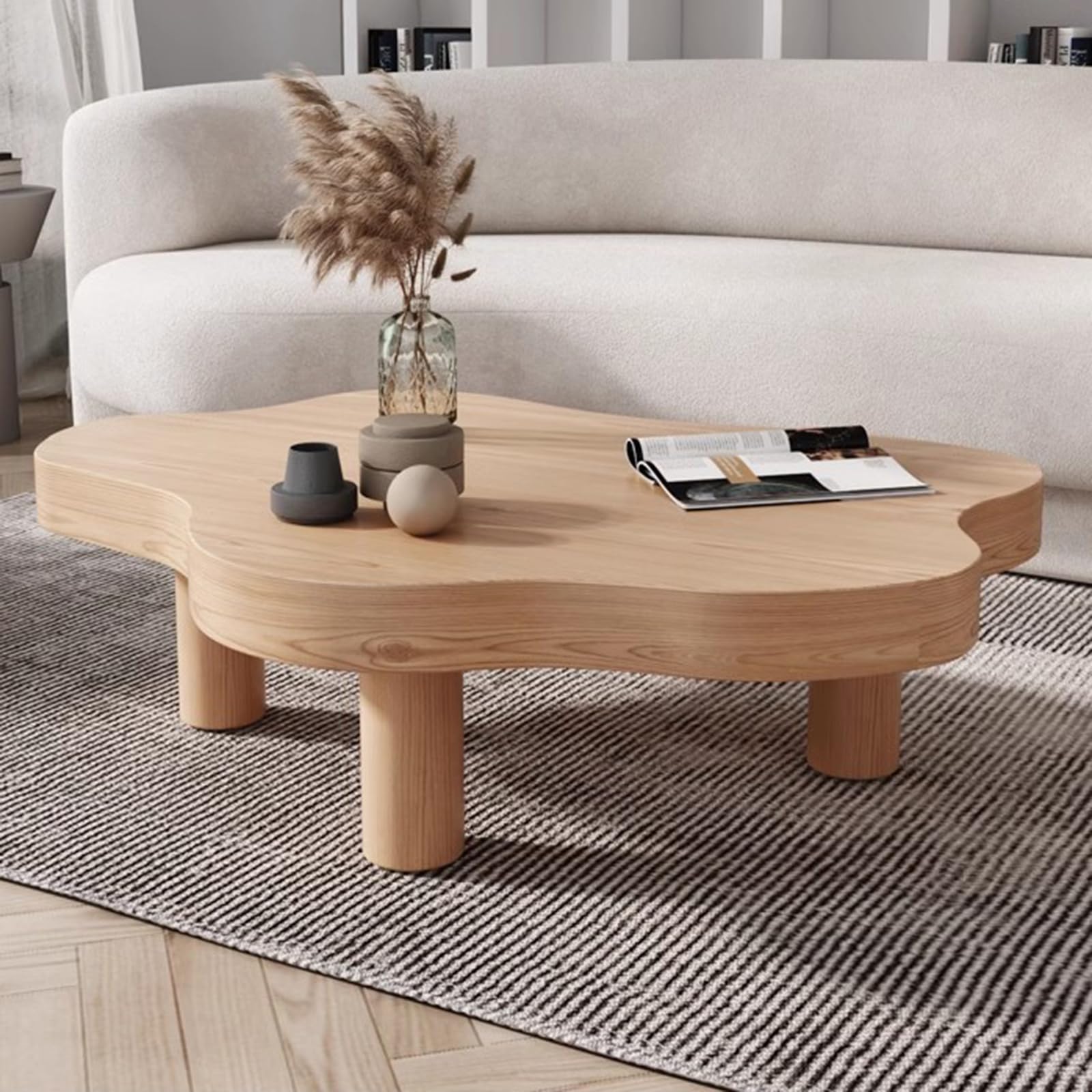 Cloud Coffee Table - Irregular Solid Wood Modern End Table with 3 Legs, Round Corners & Thickened Top (28×18×16