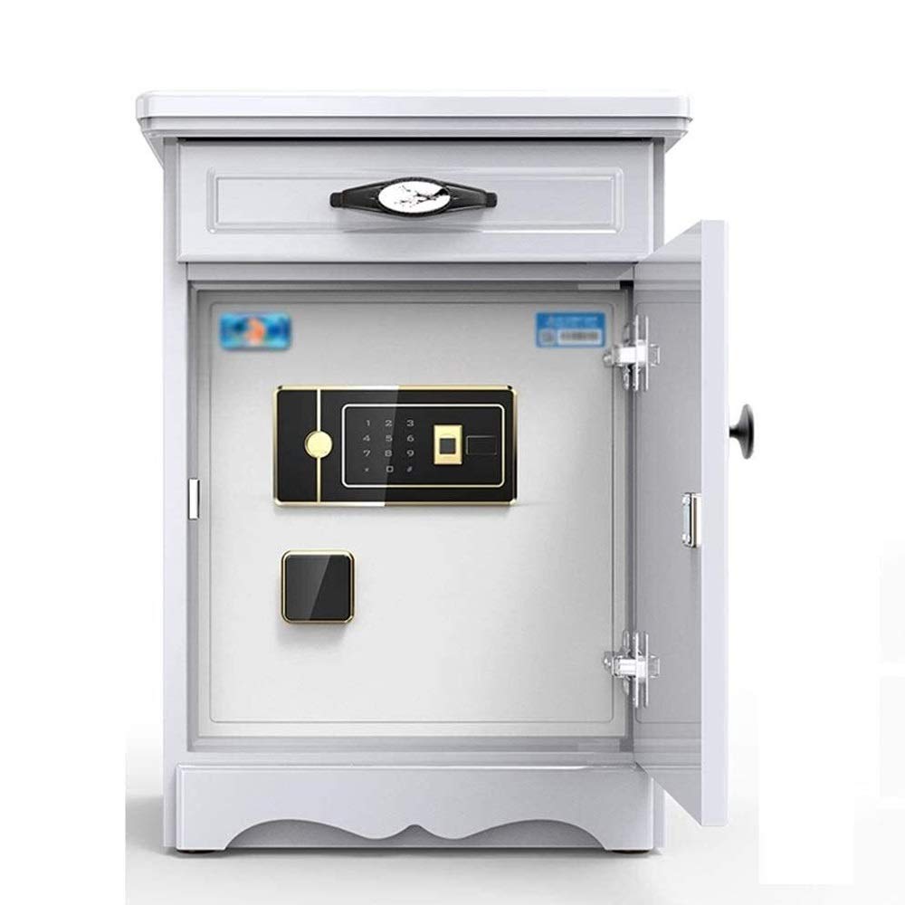 Steel Home Security Safe with Fingerprint & Password - 60cm Solid Wood Bedside Table Safe, Anti-Theft Hidden Cabinet for Jewelry, Cash & Documents - Perfect for Bedroom, Office & Travel (Brown/White)