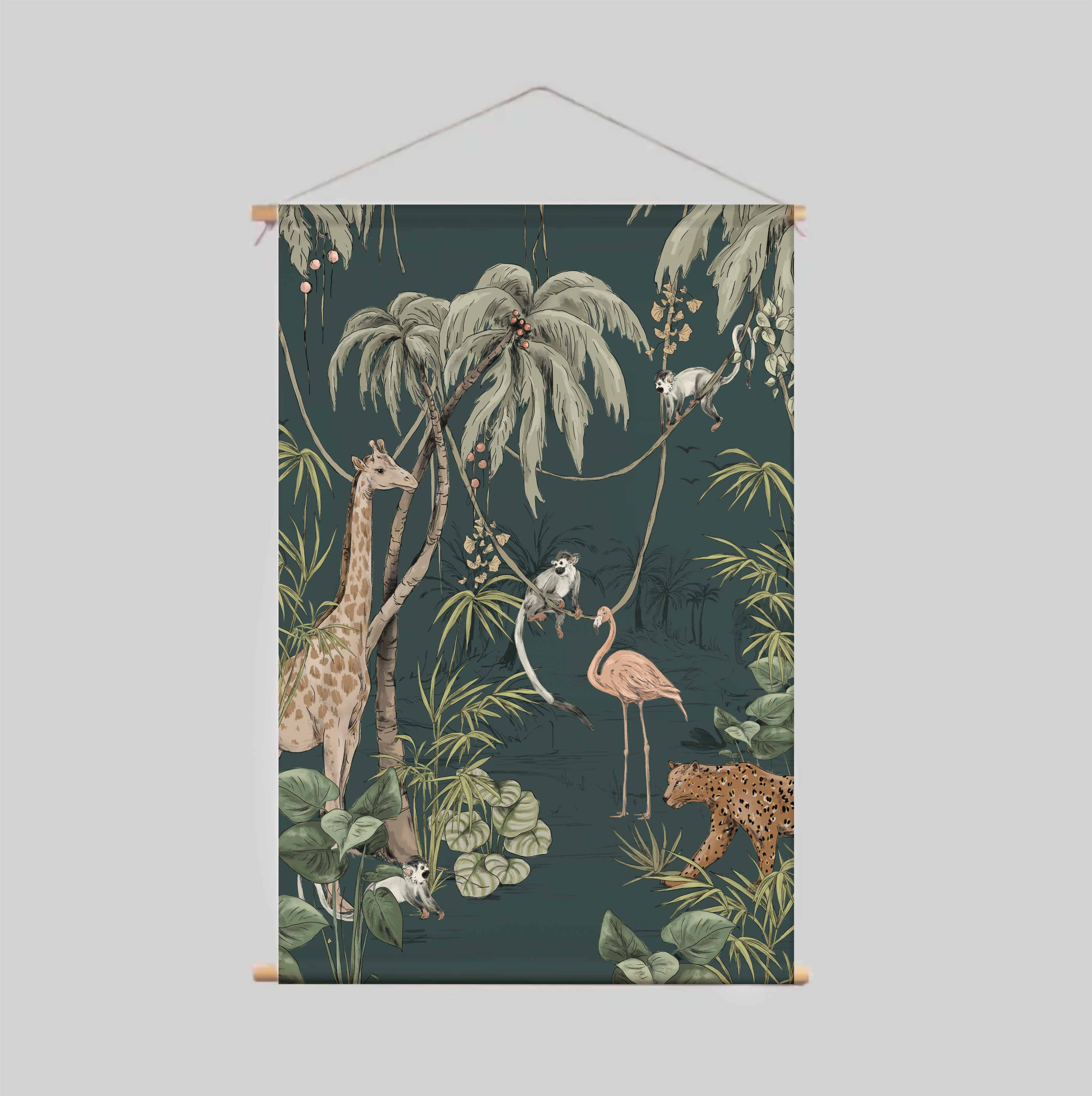 JUNGLE JAZZ Dark Teal Textile Poster - Modern Wall Art Decor for Living Room, Bedroom & Office