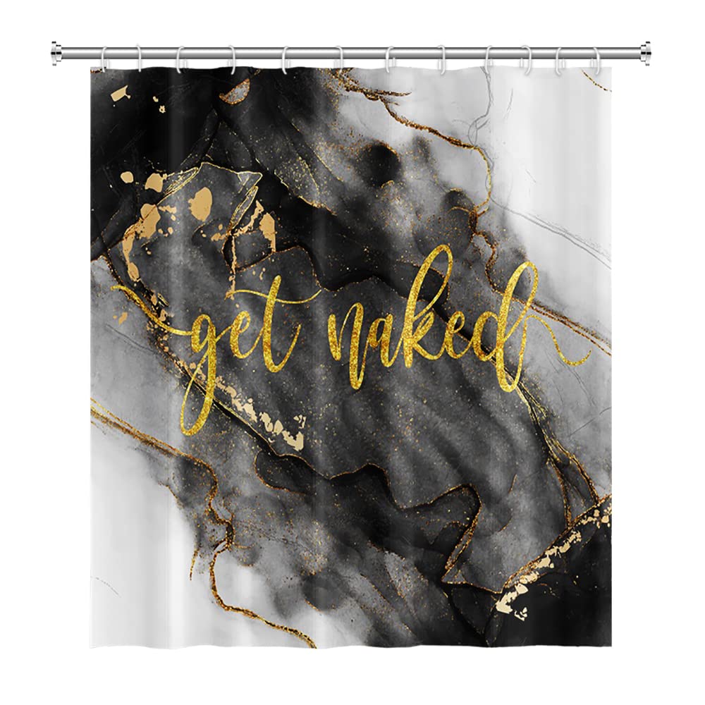 Renaiss 60x72 Inches Black Gold Marble Waterproof Shower Curtain - Modern Luxury Abstract Crack Ink Texture Design - Polyester Fabric Bathroom Decor with Hooks - Perfect for Spa, Master Bath & Guest Bathroom Makeovers