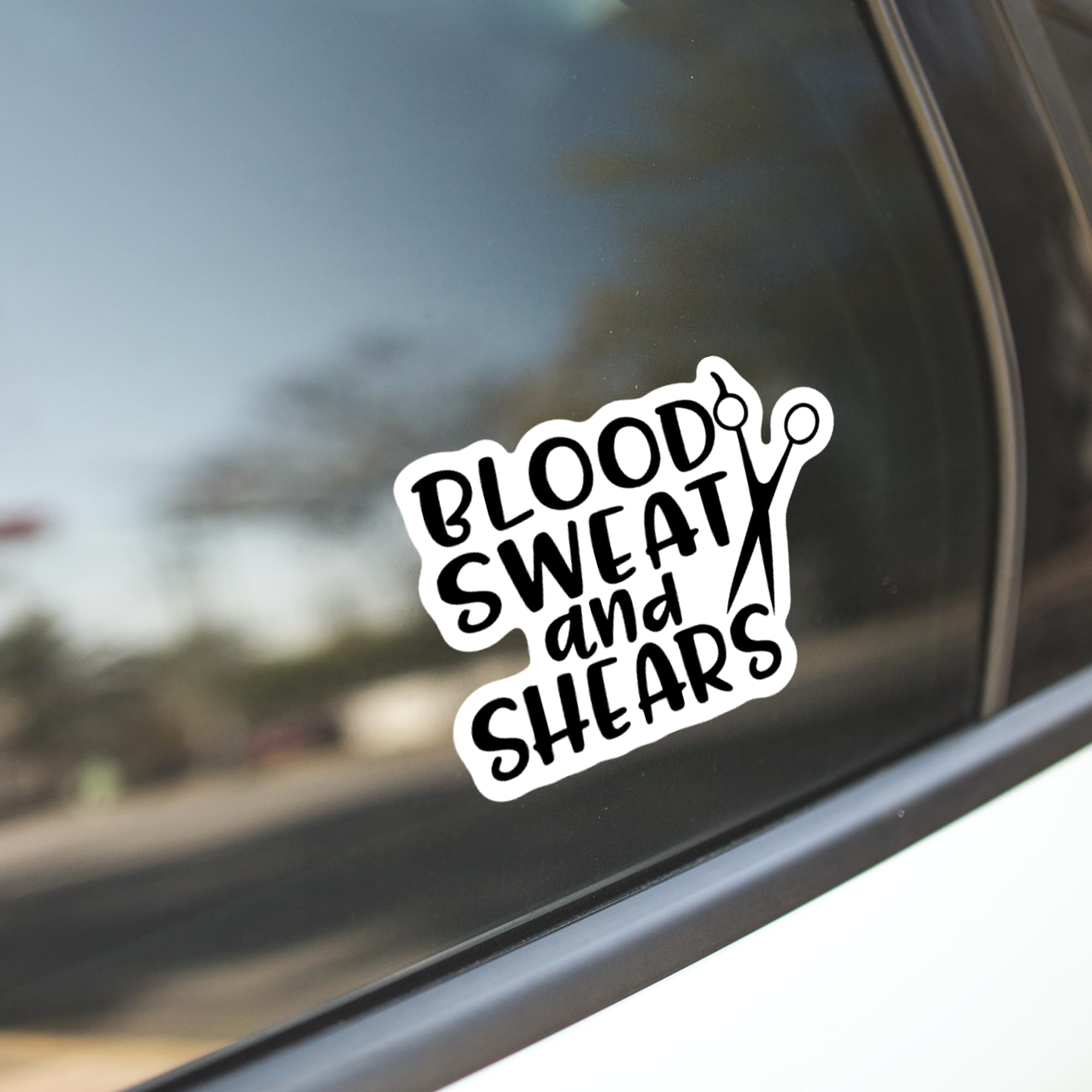 Blood Sweat and Shears Cosmetology UV Resistant Vinyl Decal Sticker - 5 Inch Black with White Background | Perfect for Cars, Trucks, Vans, SUVs, Walls, Cups & Laptops | Durable Outdoor & Indoor Decoration | KCD2675B