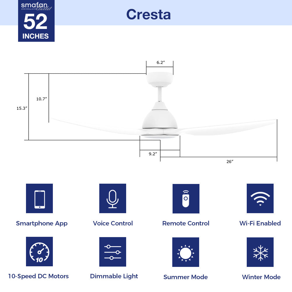 52 Inch Smart Ceiling Fan with LED Light & Remote Control - WiFi Enabled, Quiet DC Motor, Dimmable Lighting for Bedroom, Living Room & Outdoor Patio
