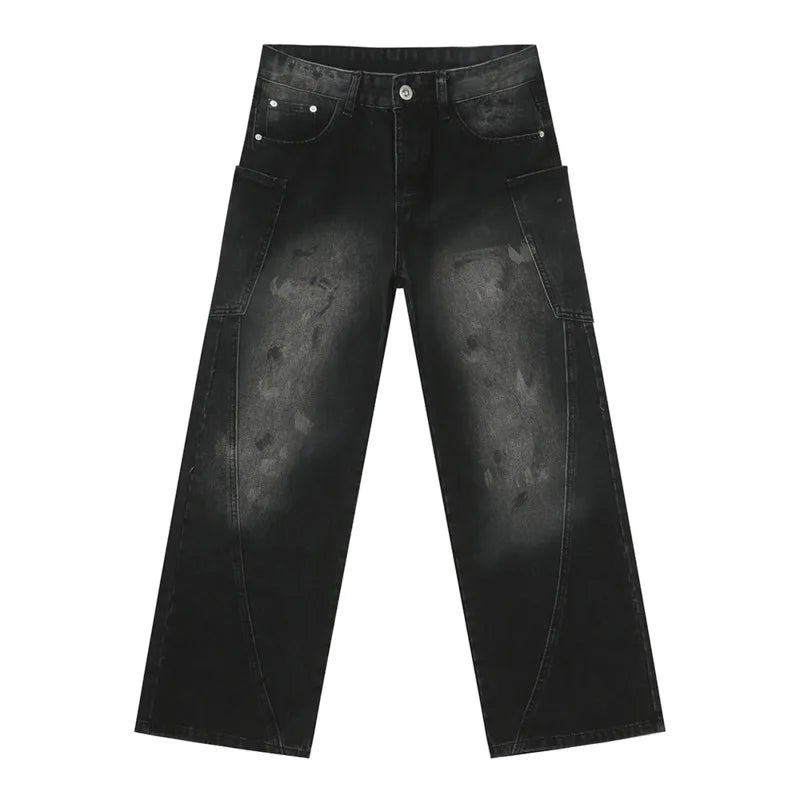 Trendy American Style Men's Denim Jeans - Casual Distressed Straight Wide Leg Loose Fit Pants with Spliced Deconstructed Details | Perfect for Streetwear, Everyday Wear & Fashion Outfits