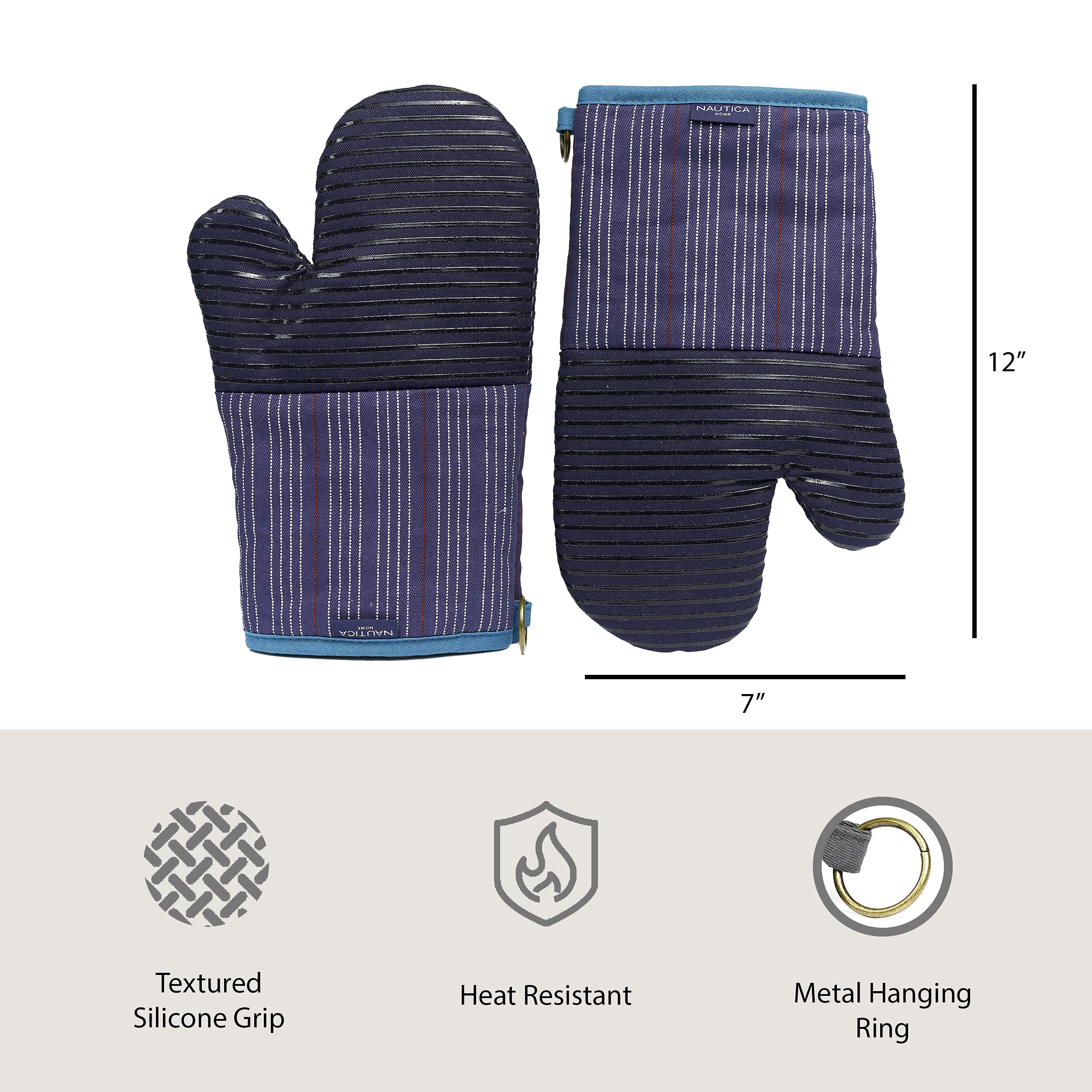 NAUTICA Home - Heat Resistant Oven Mitts & Potholders Set of 2, 500°F Silicone Grip, Navy Stripes - Perfect for Baking, Grilling & Cooking Safety