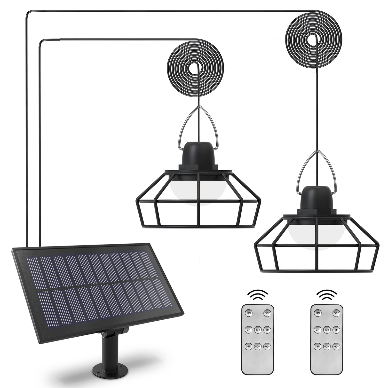 6W Solar Pendant Lights Outdoor - 6000K Cold White IP54 Waterproof Hanging Porch Lights with 3 Dimmable Levels - Iron Frame Solar Garden Lights for Patio, Gazebo, Doorway, Yard (2 Head) - Perfect for Evening Gatherings & Landscape Lighting