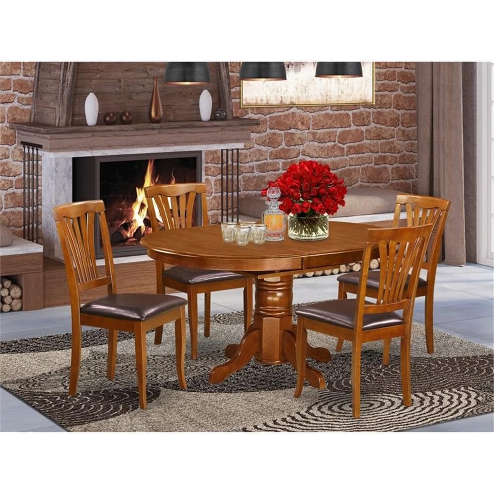 East West Furniture Avon 5-Piece Dining Room Set - 42x60 Inch Oval Kitchen Table with Butterfly Leaf Extension & 4 Faux Leather Upholstered Chairs in Saddle Brown | Perfect for Small Spaces, Breakfast Nooks & Cozy Family Meals