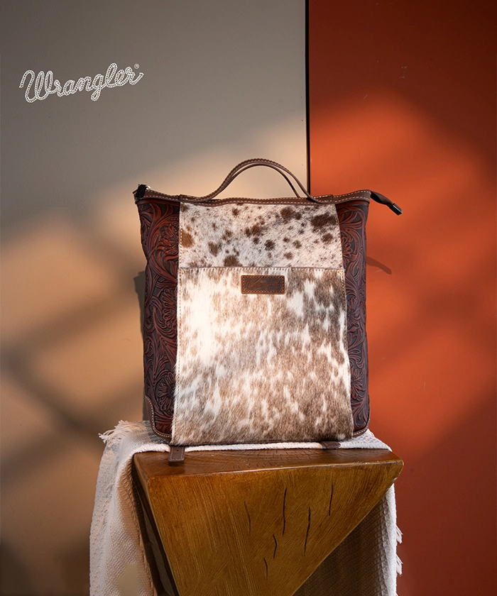 Wrangler Genuine Hair-On Cowhide Convertible Backpack for Men & Women - Durable Leather Travel Bag for Work, Hiking & Outdoor Adventures