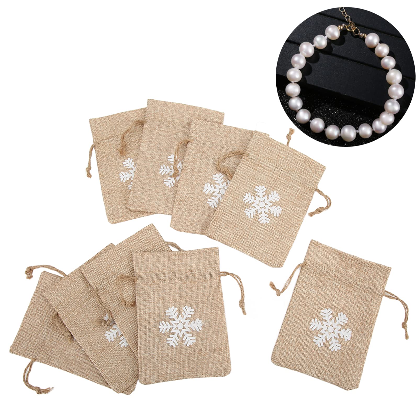 4.1 x 5.9 Inch Reusable Burlap Drawstring Gift Bags with White Snowflake Print - 9 Pack for Christmas Presents, Party Favors & Wedding Decorations