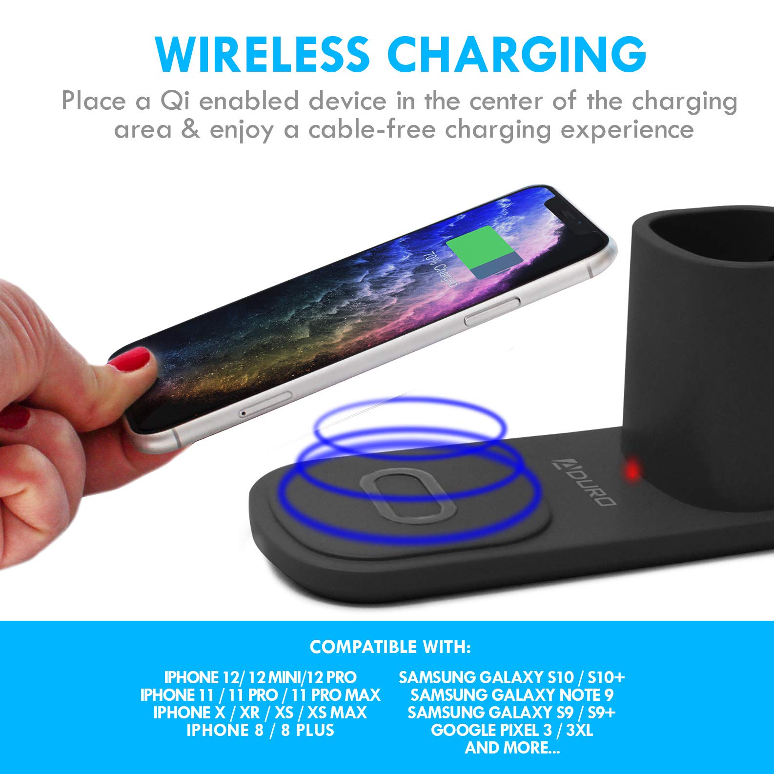 Aduro U-Light LED Desk Lamp with Wireless Charger - Dimmable Eye-Caring Light, 3 Brightness Levels & Organizer - Perfect for Home Office, Study & Reading (Black)