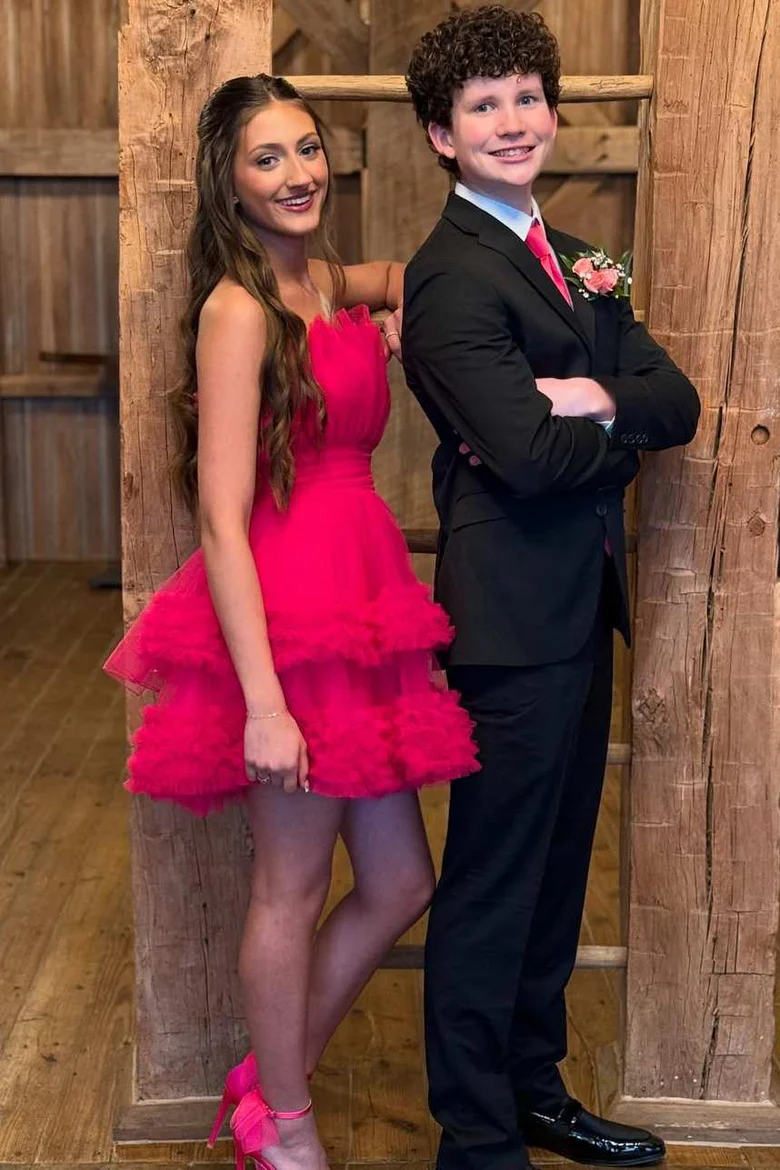 A-Line Strapless Ruffled Tulle Short Homecoming Dress J6982 - Perfect for Prom, Party & Special Occasions