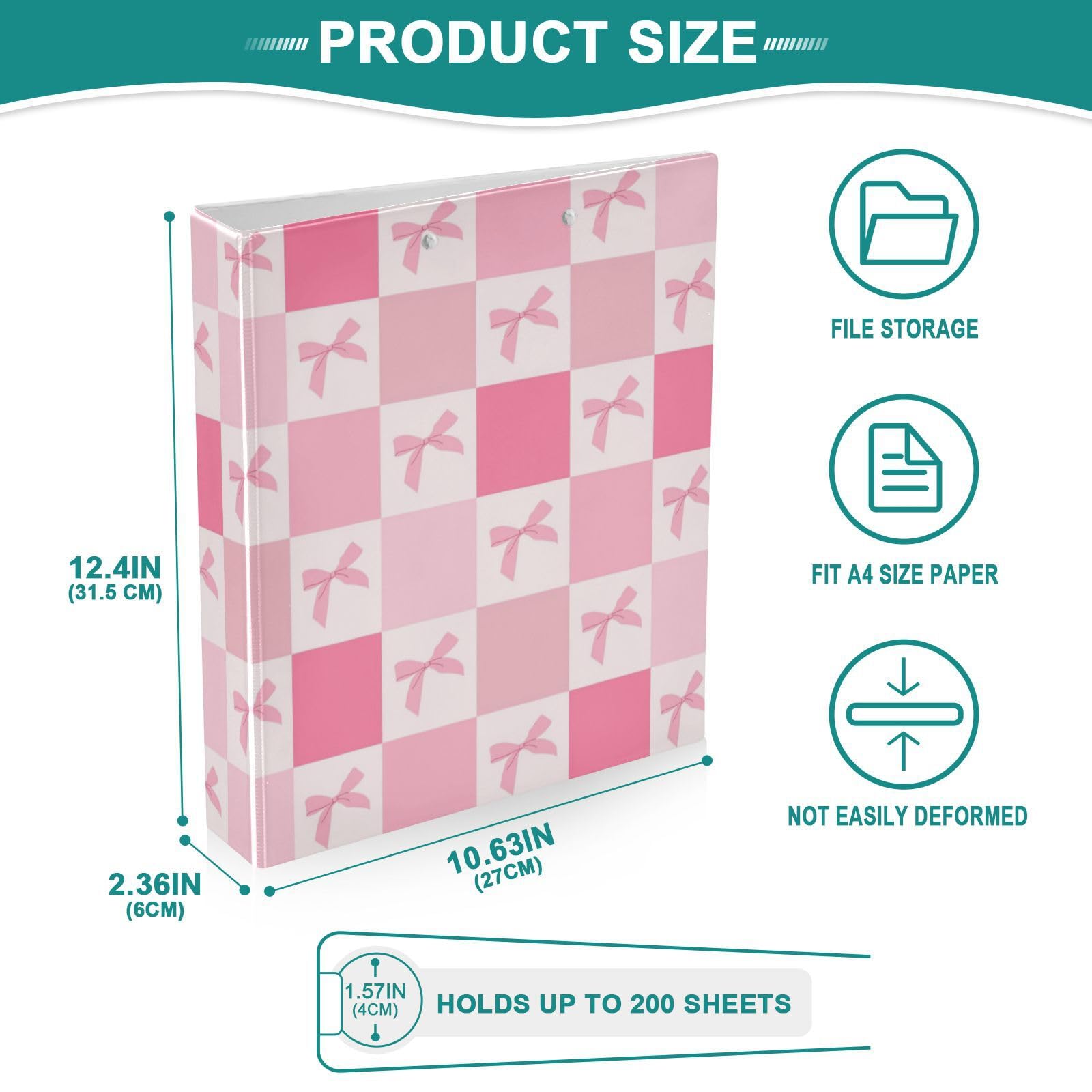 Pink Checkered 3-Ring Binder with Bow Design - Metal Clip Notebook for School, Office & Home - 1 Pack | Perfect for Organizing Notes, Documents & Homework
