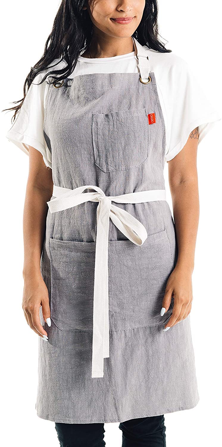 Premium Linen Kitchen Apron for Cooking & Baking - Adjustable Unisex Bib Apron with Pockets (Custom Grey) - Ideal for Chefs, BBQ, Baking & Home Cooking