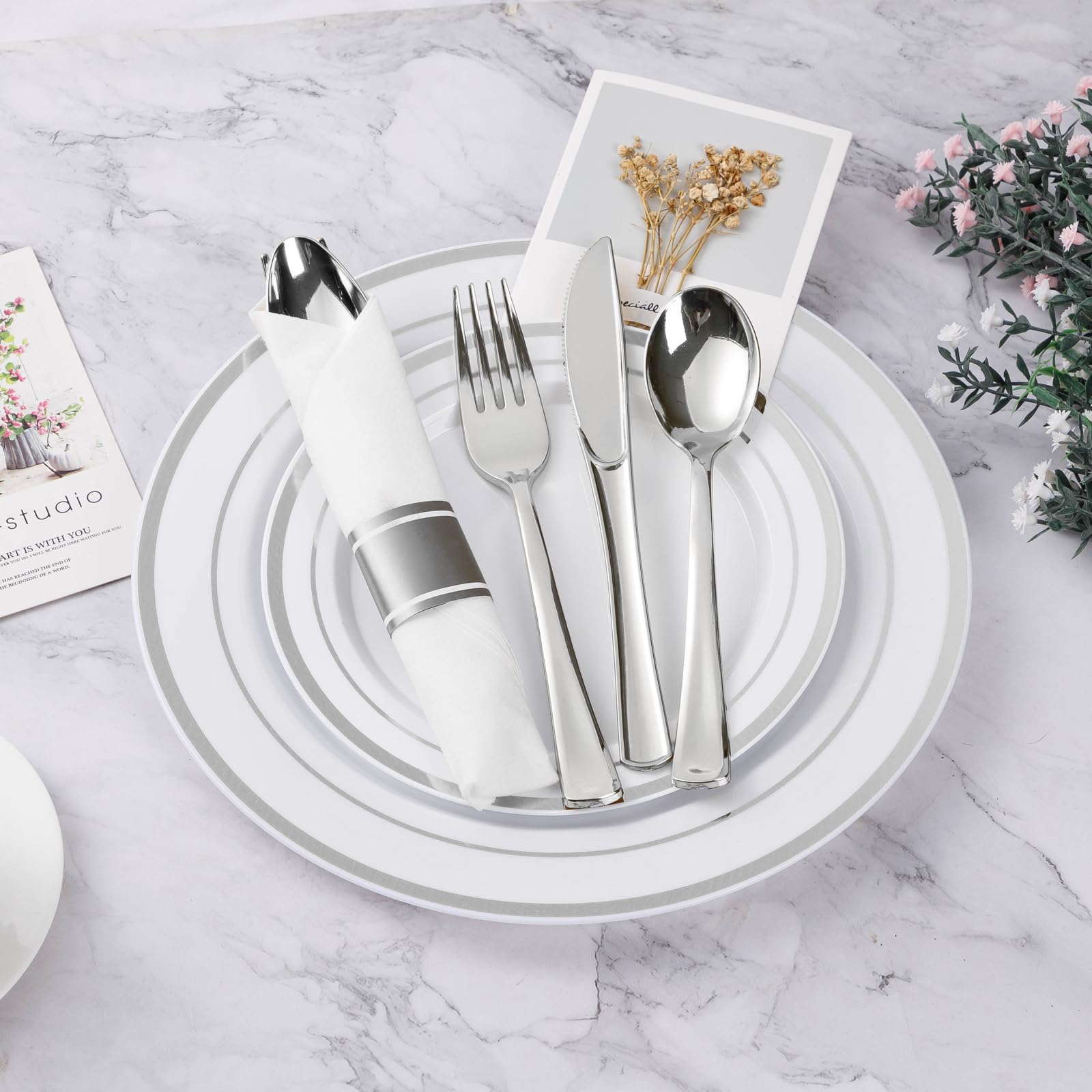 100-Piece Disposable Silver Plastic Cutlery Set - Pre-Rolled Wrapped Silverware with 100 Napkins, Knives, Forks & Spoons - Perfect for Parties, Birthdays, Picnics & Catering Events
