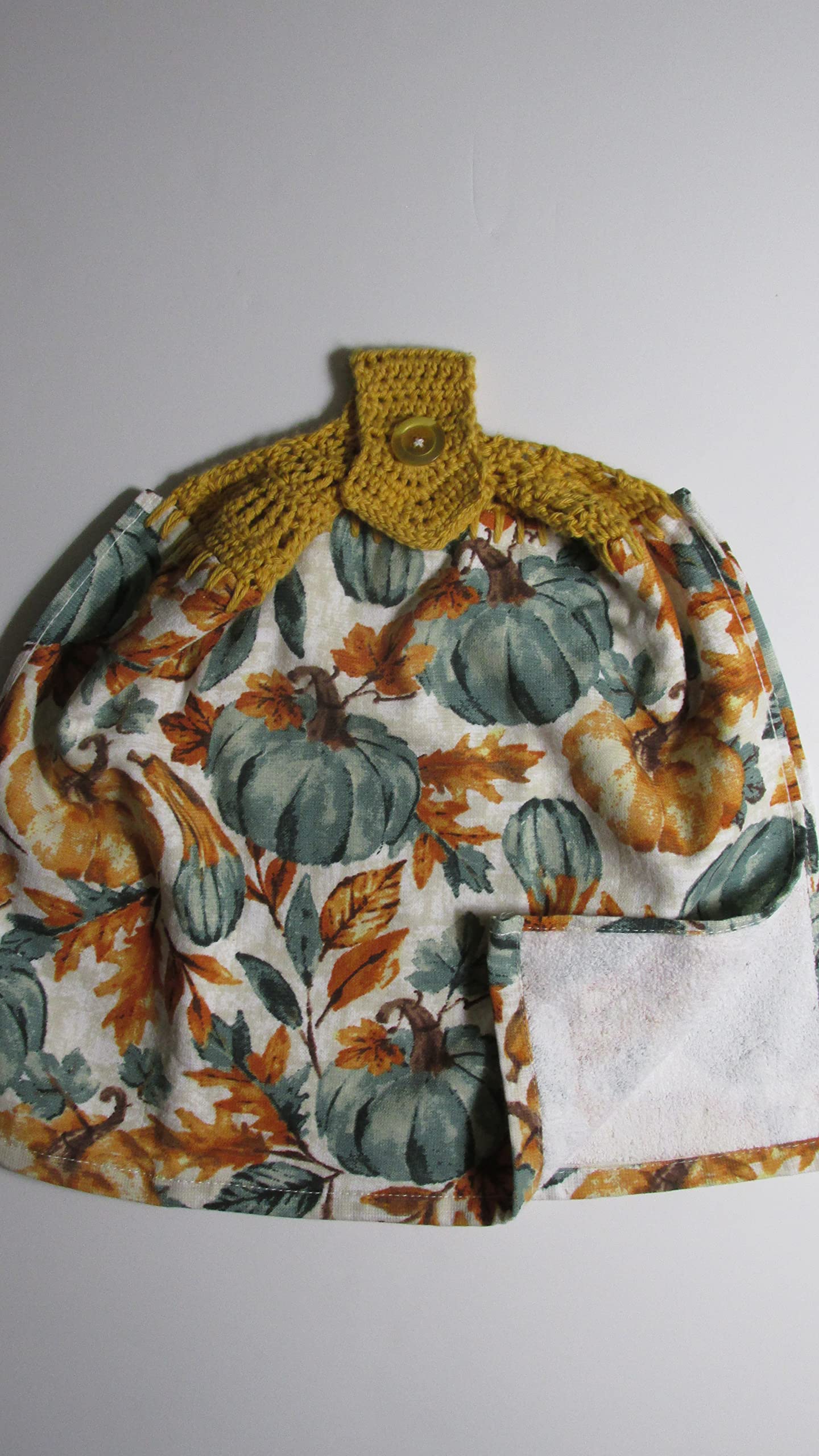 Mustard Cotton Crochet Top with Pumpkins & Gourds Design - Double Layer Fall Hanging Towel for Kitchen Decor, Thanksgiving Table Setting, and Autumn Home Decoration
