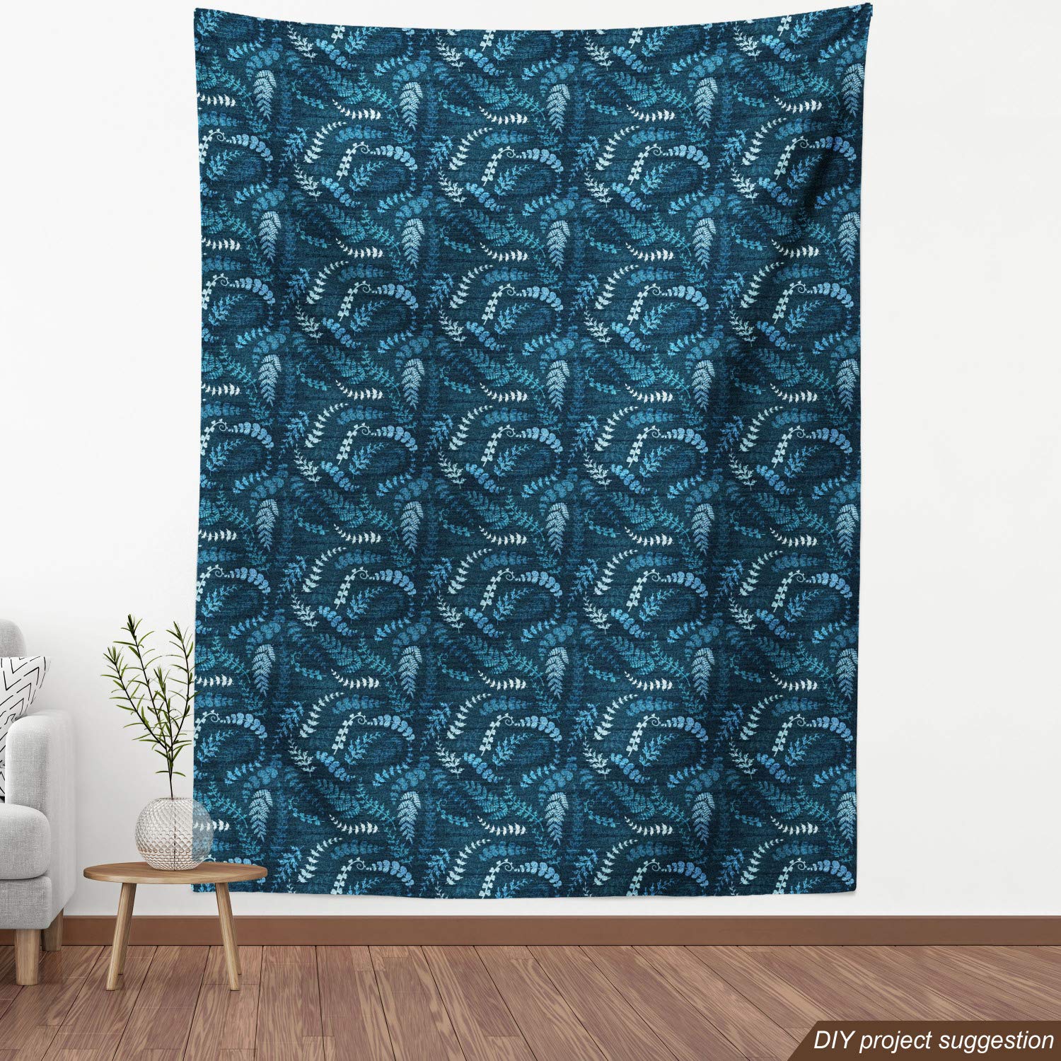 Ambesonne Indigo Fabric by The Yard - Dark Green Floral Swirl Leaves Branches Design for Upholstery, Curtains & Home Decor | 10 Yards Turquoise Pale Blue Decorative Fabric | Perfect for DIY Projects, Table Runners & Wall Hangings
