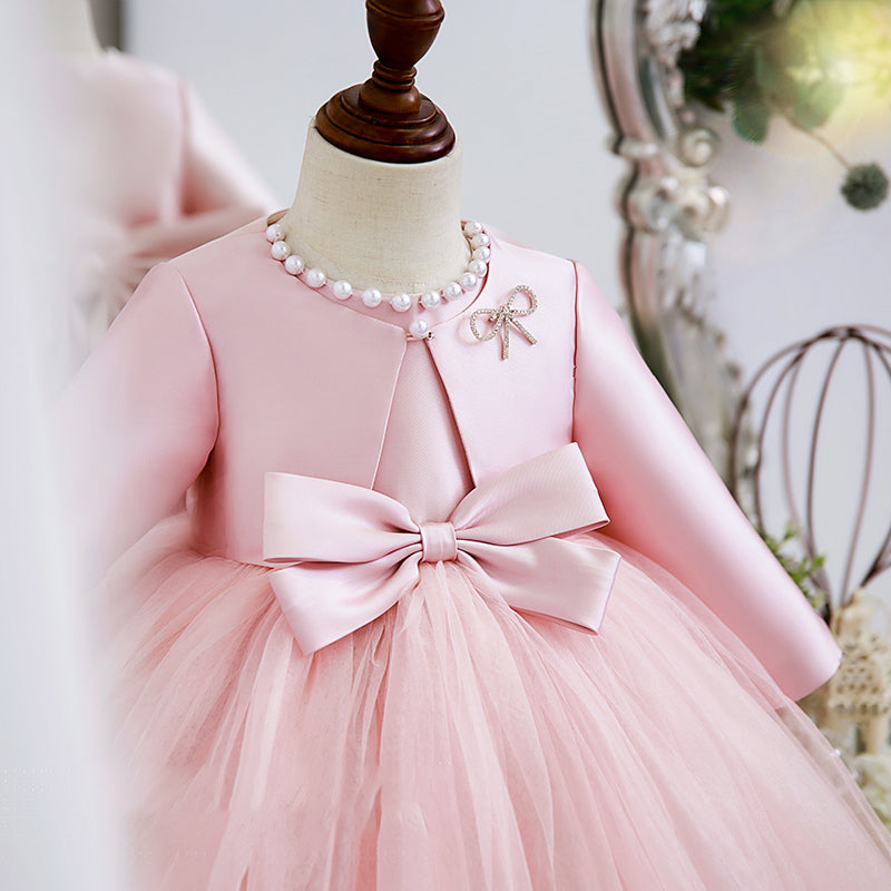 Elegant Satin & Tulle A-Line Flower Girl Dress with Beaded Bow - Perfect for Weddings, Pageants & Special Occasions