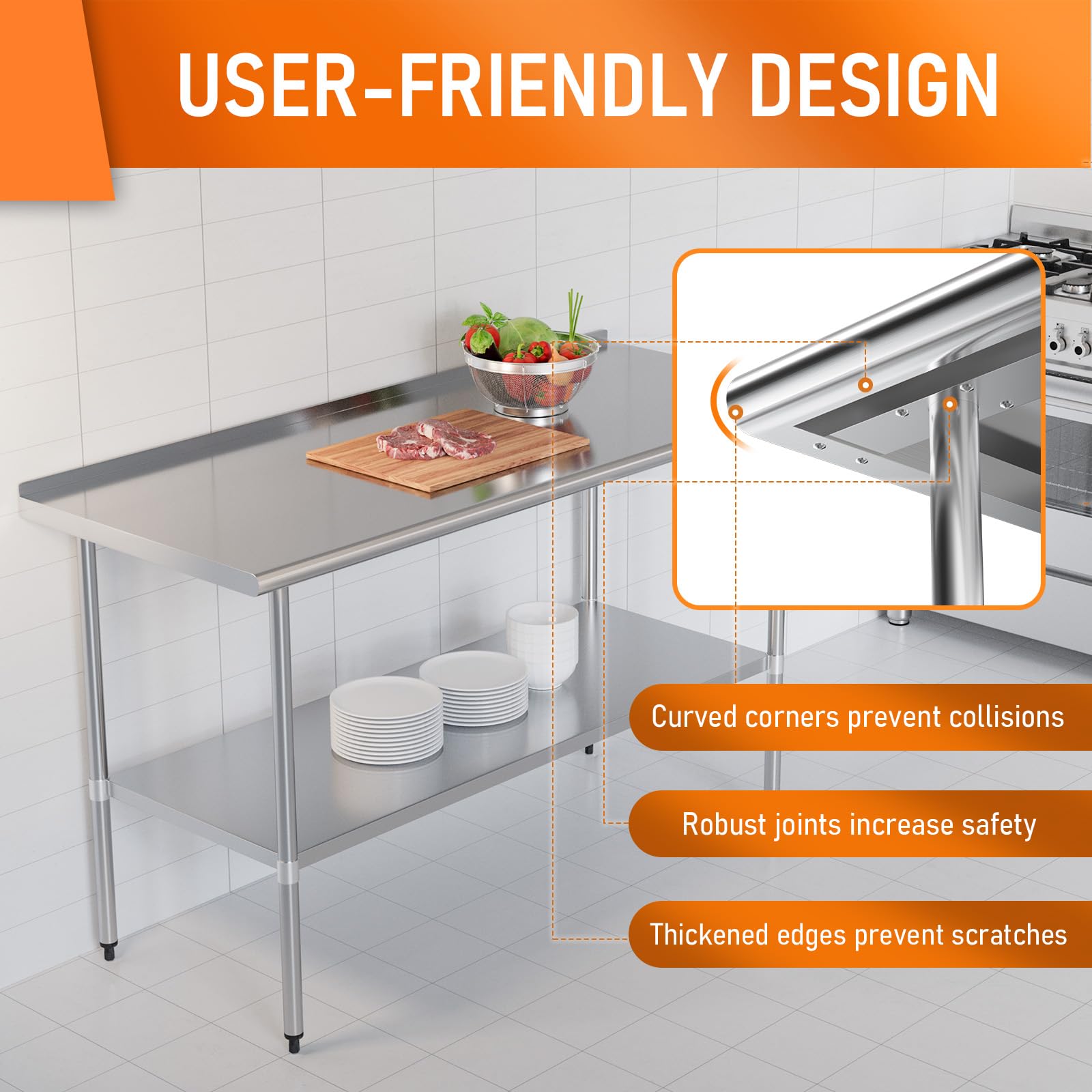 Premium Stainless Steel Work Table 24x60 Inches - Adjustable Shelf & Backsplash - Heavy Duty Commercial Kitchen Prep Table for Restaurant, Food Prep, Garage, Laundry Room & Outdoor BBQ Cooking - Easy to Clean Utility Table