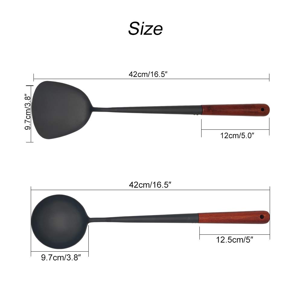 Premium Wooden Handle Asian Stir Fry Spatula and Ladle Set - Traditional Handmade Wok Cooking Utensils for Chinese Stir Fry, Extended Handle Design - Perfect for Home Chefs & Asian Cuisine Lovers