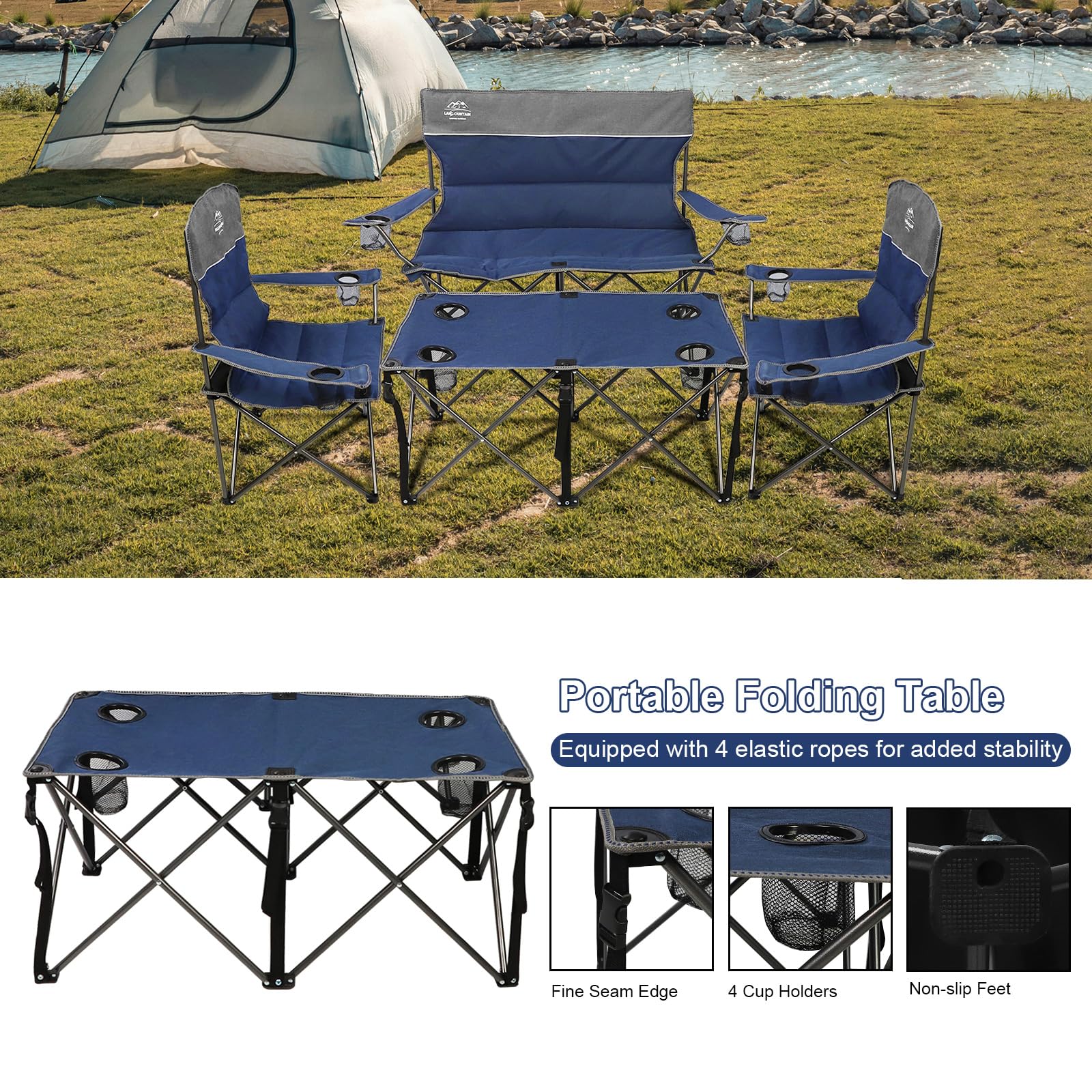LANMOUNTAIN 4-Piece Portable Camping Chair Set with Side Table & Cup Holders - Heavy Duty Folding Lawn Chairs for Outdoor, Picnic, Beach, Backyard, and Tailgating - Comfortable Loveseat Design Perfect for Family Gatherings, Camping Trips, and Outdoor Events