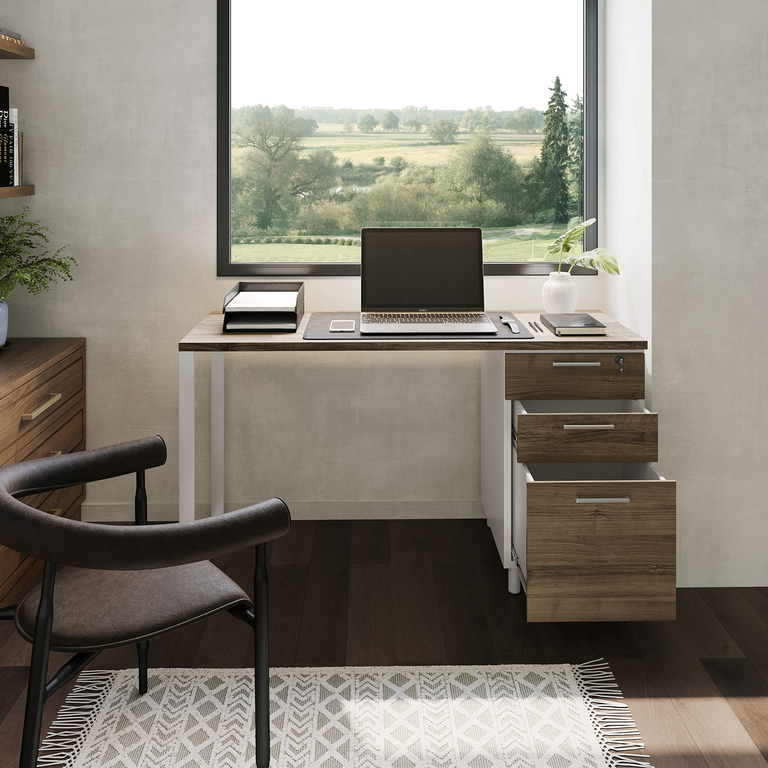 Modern Milano Office Desk with 3 Locking Drawers - 48 Inch White & Walnut Computer Desk with Filing Storage - Home Office Furniture for Small Spaces & Remote Work