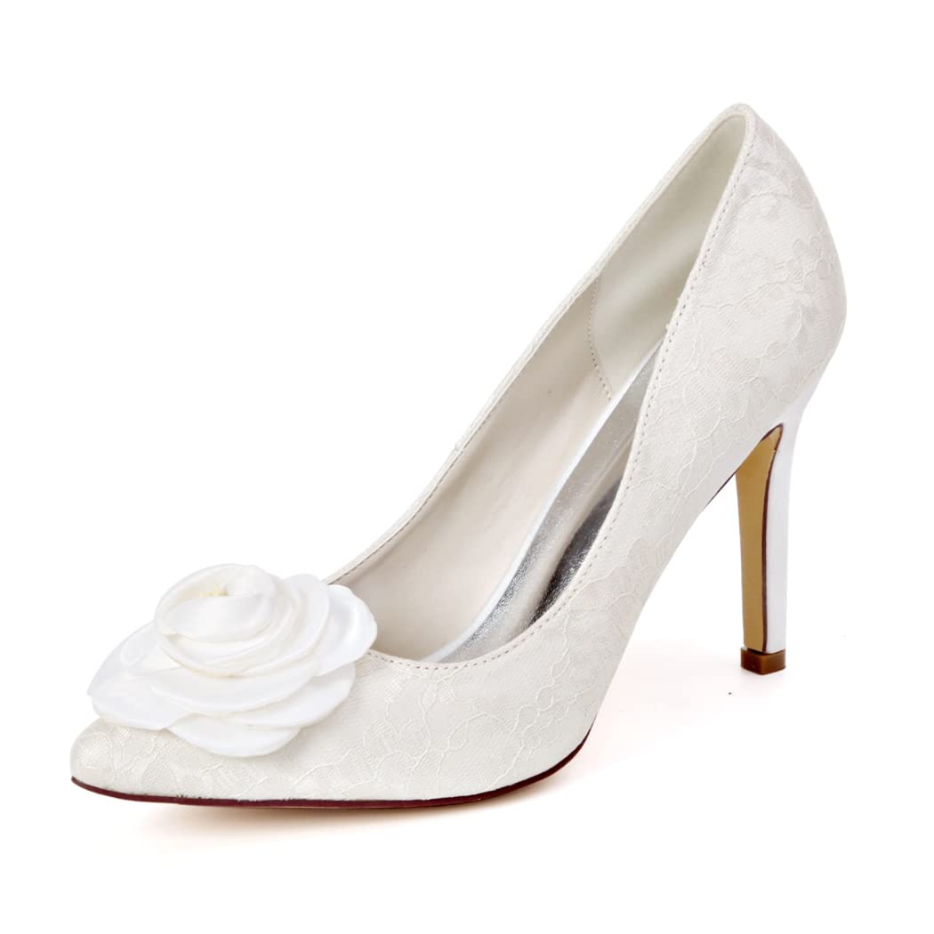 Elegant Wedding Shoes for Bride - Women's High Heel Pointed Toe Lace Satin Evening Party Pumps | Perfect for Bridal Ceremonies, Prom Nights & Formal Events
