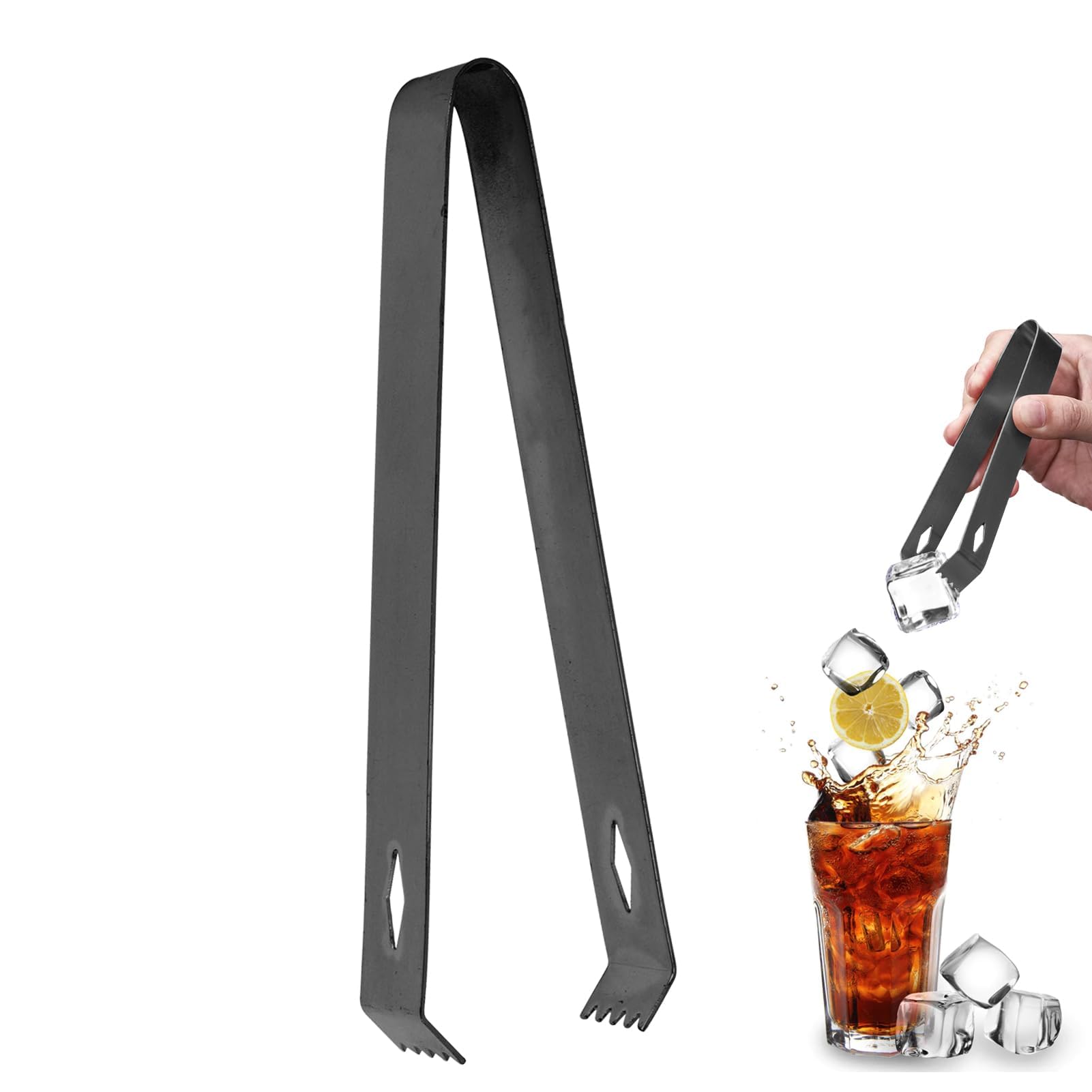Premium Stainless Steel Ice Tongs - 6.7 Inch Bar Tongs for Ice Bucket, Cocktails, Sugar Cubes & Food Serving - Durable Metal Tongs for Bartending, Home Bar & Party Hosting (Black)