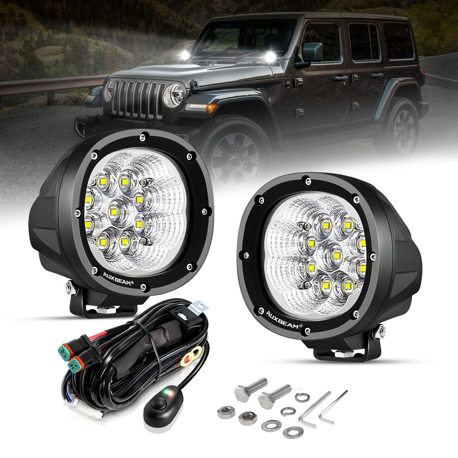 Auxbeam 4 Inch 90W Round LED Light Pods - 9000LM Super Bright Offroad Flood White Light Bar with DT Plug Wiring Harness Kit for Truck, Boat, Pickup, ATV, UTV, SUV - Perfect for Night Driving, Work Lighting & Off-Road Adventures (2PCS)
