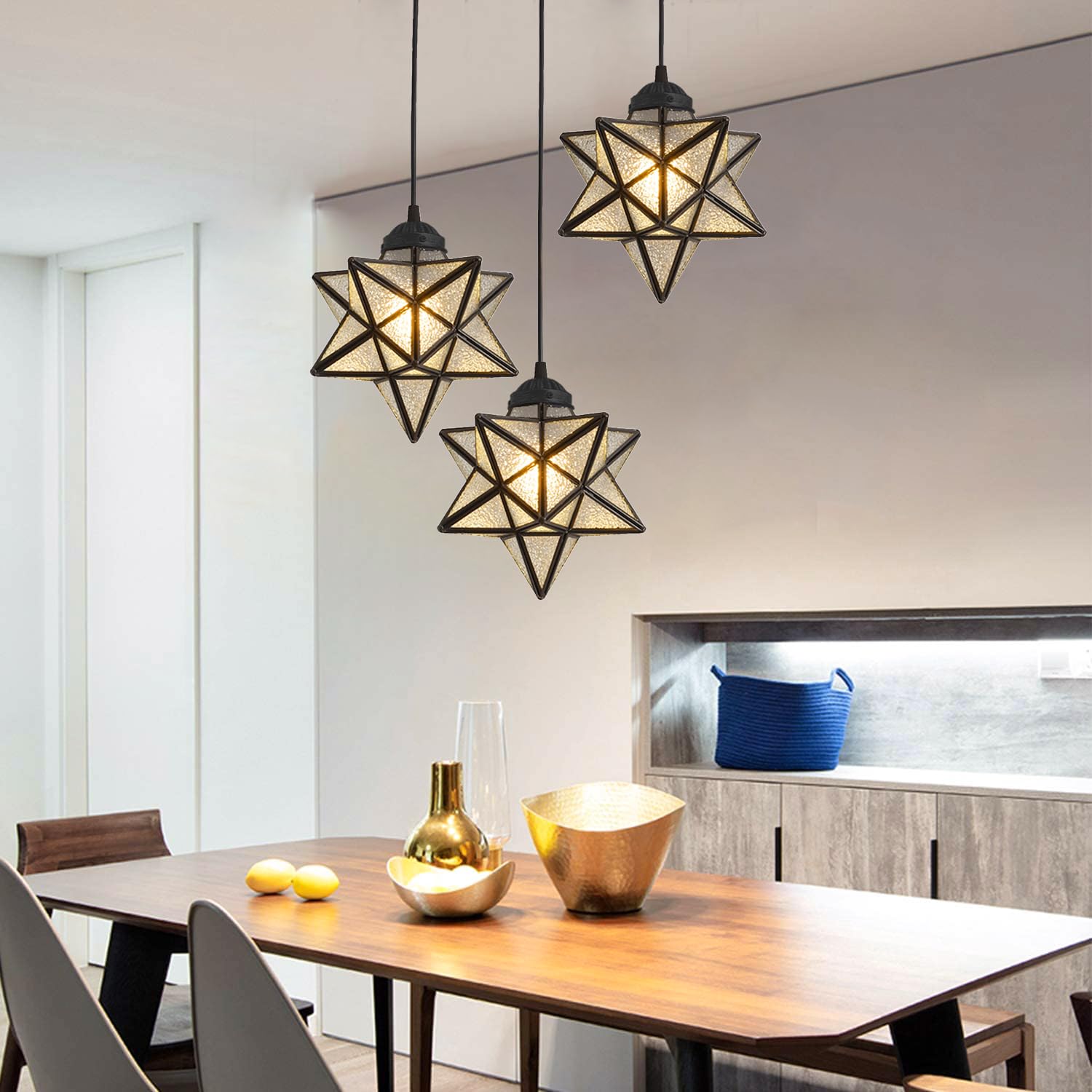Elegant Black Farmhouse Chandelier with Glass Star Pendants - Modern Ceiling Light Fixture with Warm LED Bulbs for Dining Room, Bedroom or Living Room Decor