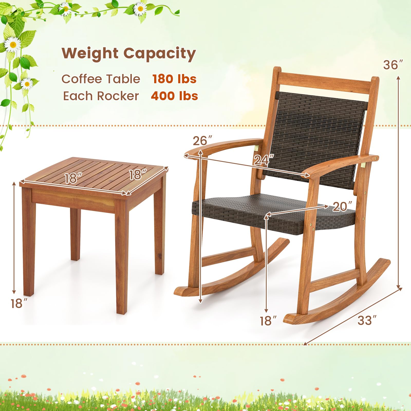 Tangkula 3-Piece Acacia Wood Patio Rocking Chair Set with Wicker Rattan Seat & Side Table - Outdoor Garden Furniture for Backyard, Poolside & Relaxation | Perfect for Lounging, Entertaining & Enjoying Summer Evenings
