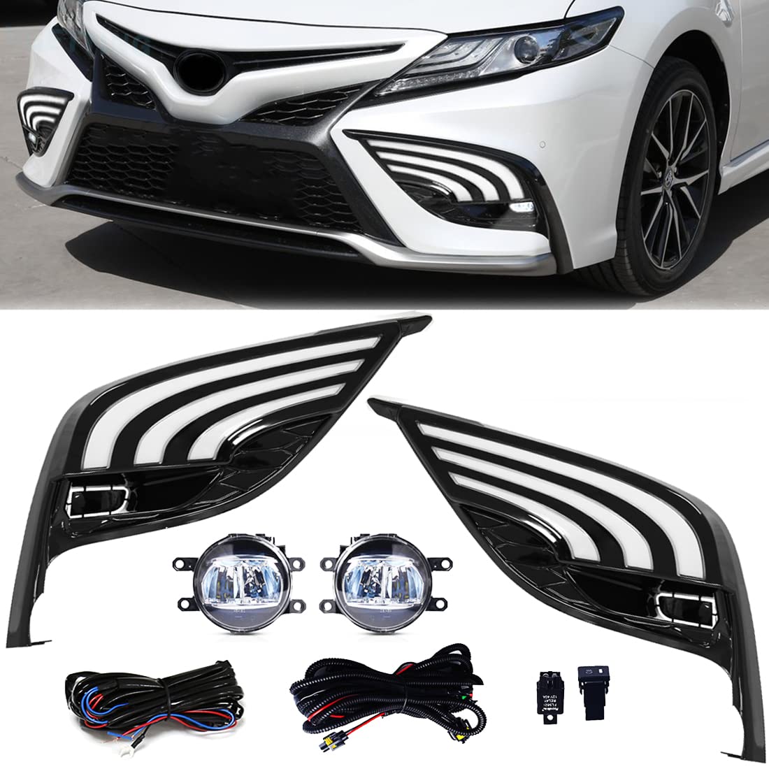 2021-2022 Toyota Camry LED Daytime Running Lights - Tri-Color DRL Fog Light Replacement with Bezel for Camry SE/XSE/Hybrid Models | Enhanced Visibility & Style Upgrade for Night Driving & Bad Weather Conditions