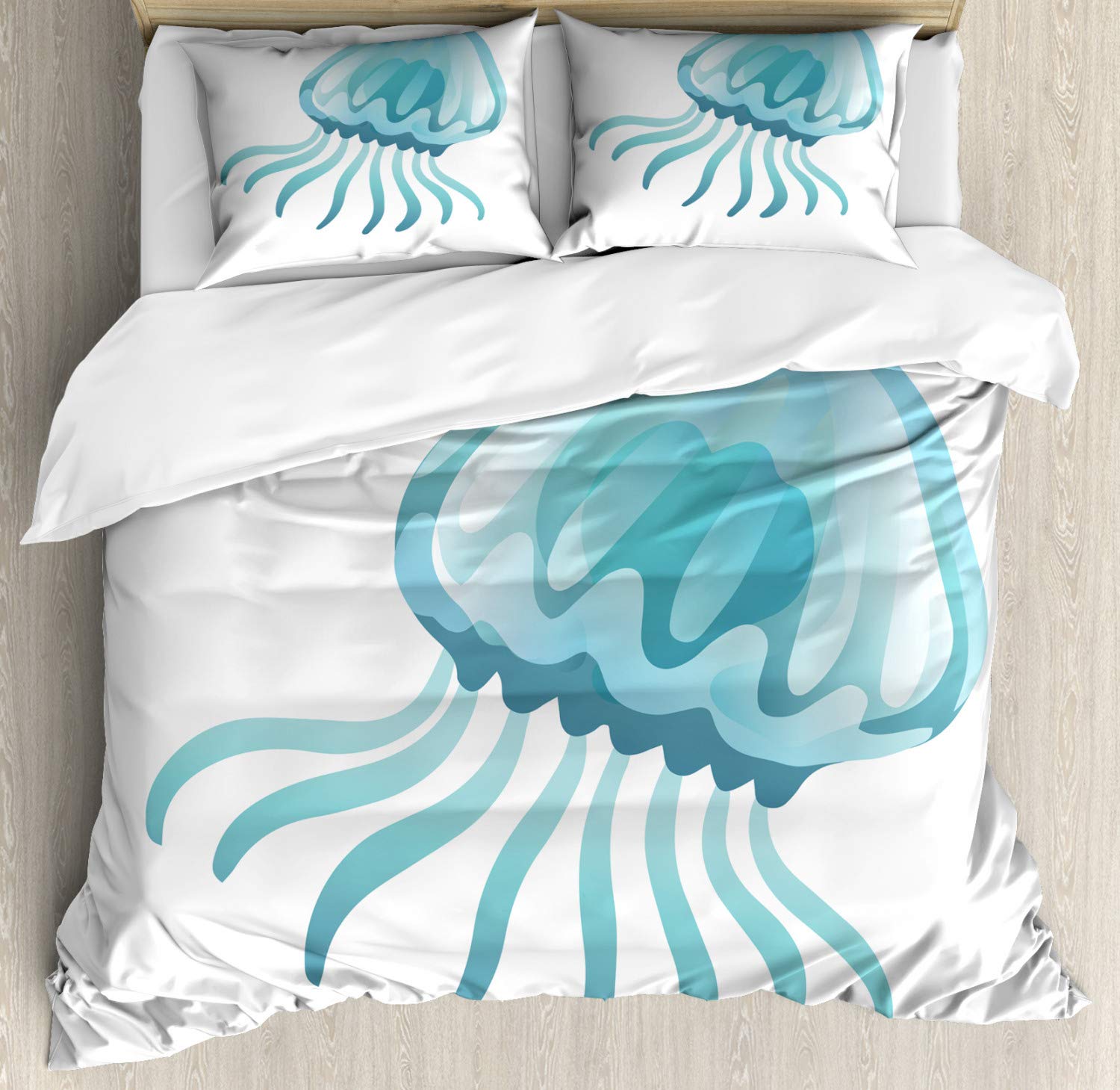 Ambesonne Queen Size Aqua Jellyfish Duvet Cover Set - 3 Piece Ocean Theme Bedding with 2 Pillow Shams, Pale Blue & Seafoam - Digitally Printed Marine Life Design for Coastal & Nautical Bedroom Decor | Perfect for Beach House, Kids Room or Underwater Themed Bedrooms