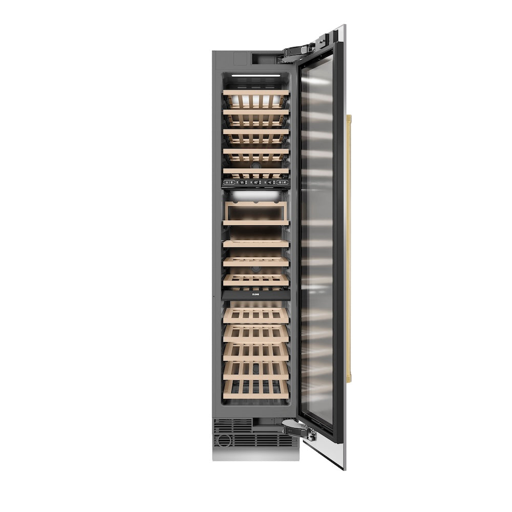 ZLINE Autograph Edition 18-inch 9.0 cu. ft. Triple Zone 68 Bottle Right Hinge Stainless Steel Wine Cooler with Polished Gold Accents - Perfect for Home Bars, Restaurants, and Wine Cellars (RCWVRZ 30418 G)