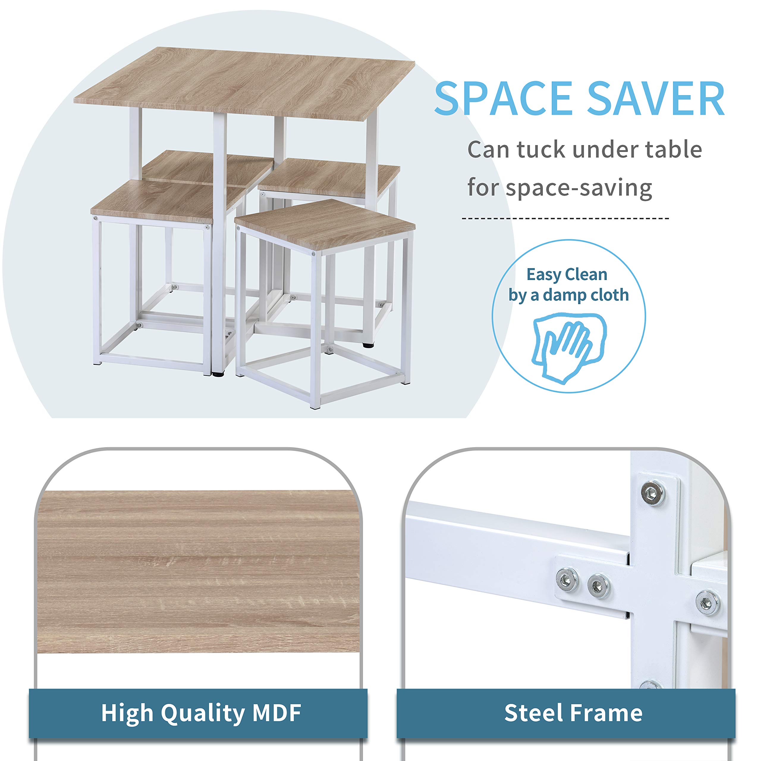 LZ LEISURE ZONE 5-Piece Industrial Dining Set - Kitchen Table with 4 Bar Stools, Natural Wood & White Finish - Perfect for Small Spaces, Apartments, Restaurants & Home Bars