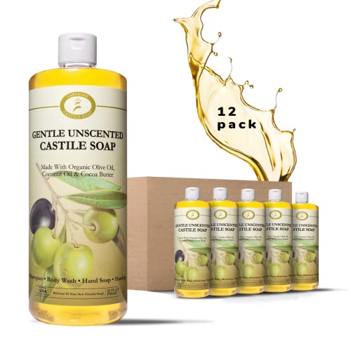 **Organic Unscented Castile Liquid Soap - 32 oz Vegan, Pure & Concentrated | Non-Drying, All-Natural Formula for Sensitive Skin | Perfect for Baby Care, Face Wash & Household Cleaning (Pack of 12)**