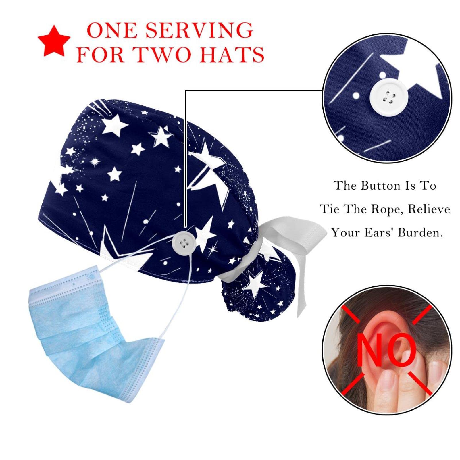 Premium Star Dark Black Scrub Hats for Women & Men - 2 Pack Tie Back Surgical Caps with Button Closure & Sweatband for Long Hair | Ideal for Nurses, Doctors & Healthcare Professionals