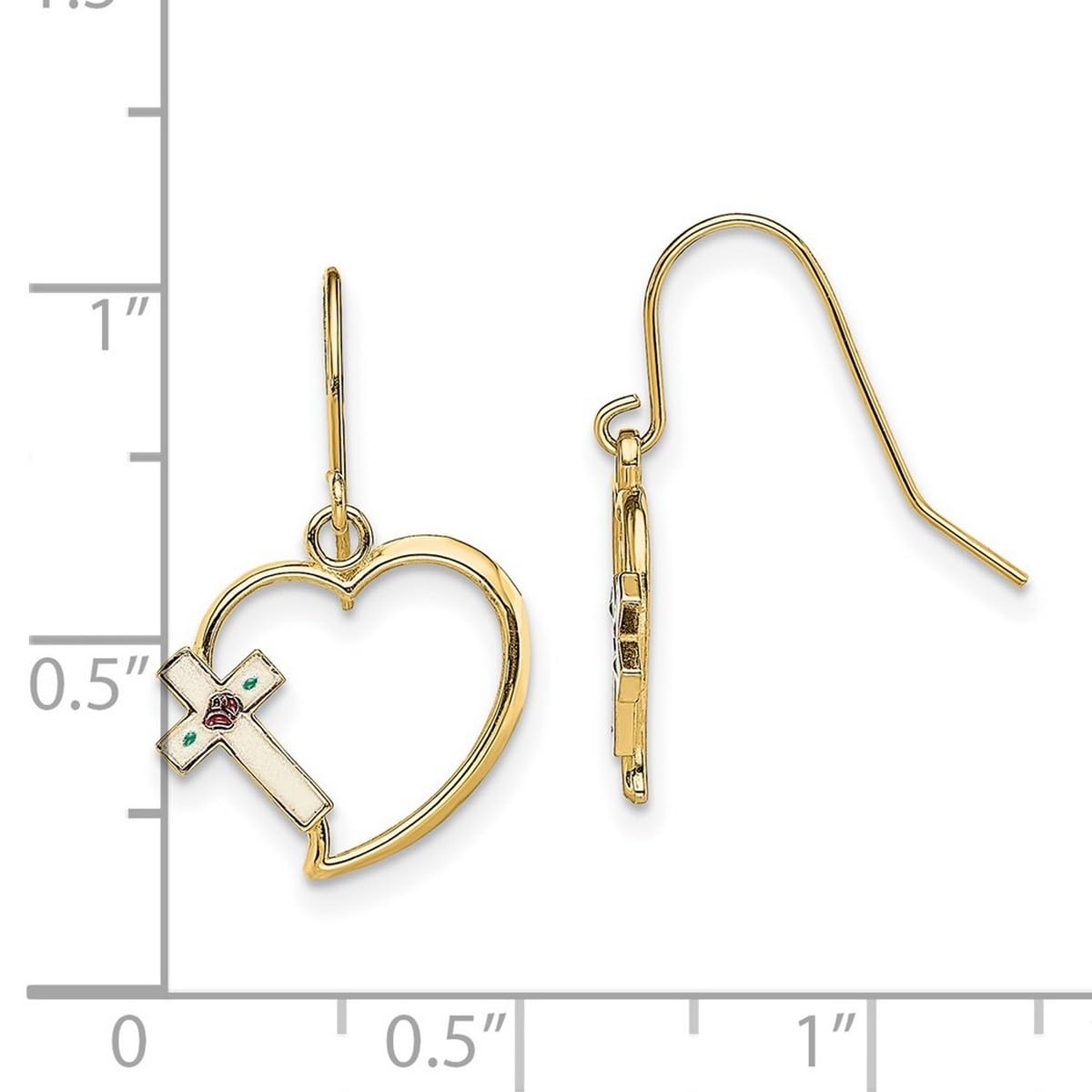 14K Gold Love Heart Enamel Religious Faith Cross Wire Earrings for Women - 20.9x13.7mm Elegant Dangle Earrings - Perfect for Church, Weddings & Everyday Faith Jewelry