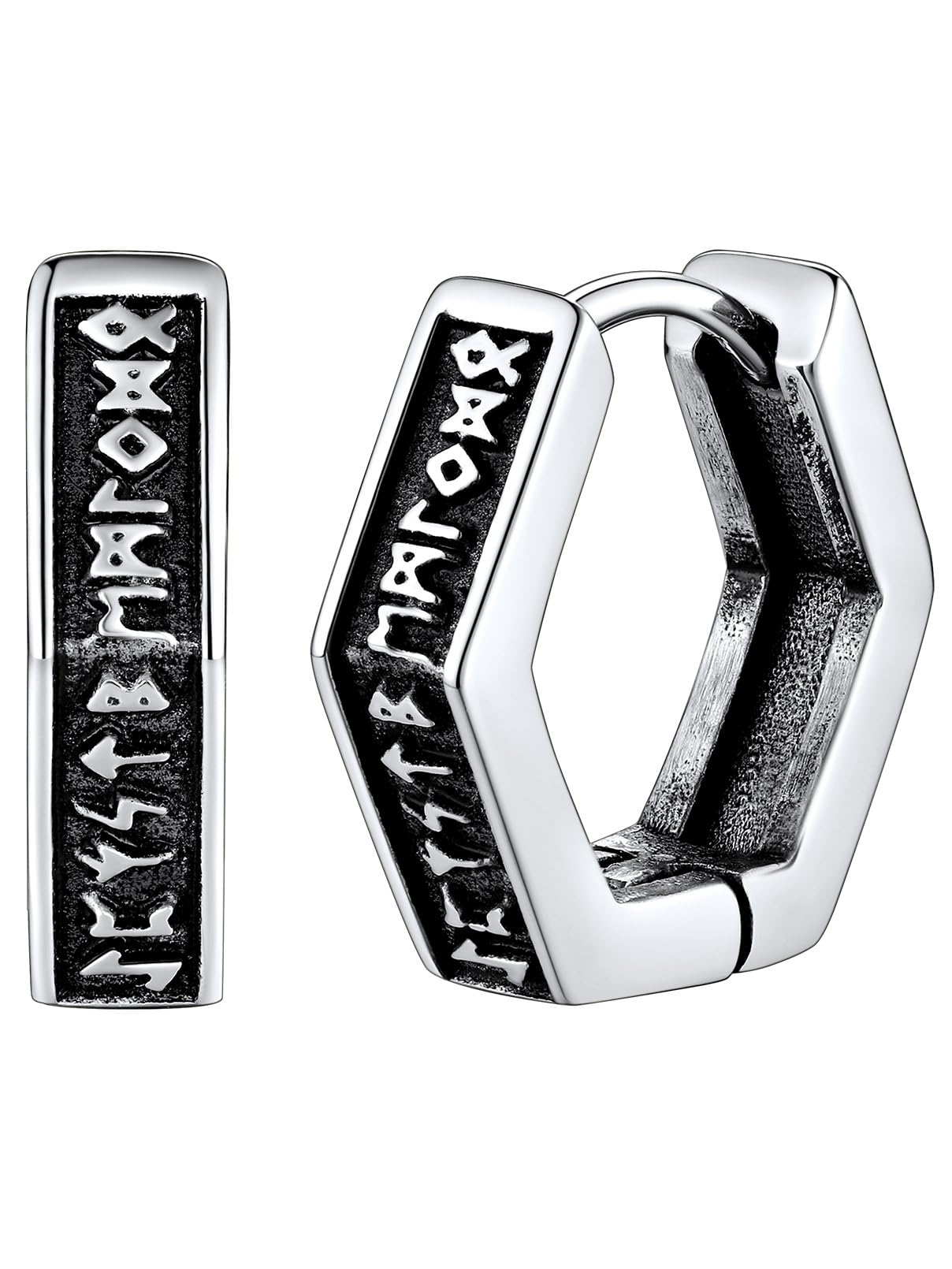 FaithHeart Norse Viking Runes Hoop Earrings for Men - Hypoallergenic Stainless Steel Punk Huggie Earrings - Norse Mythology Jewelry Gifts with Delicate Packaging - Perfect for Viking Lovers, Cosplay & Everyday Wear