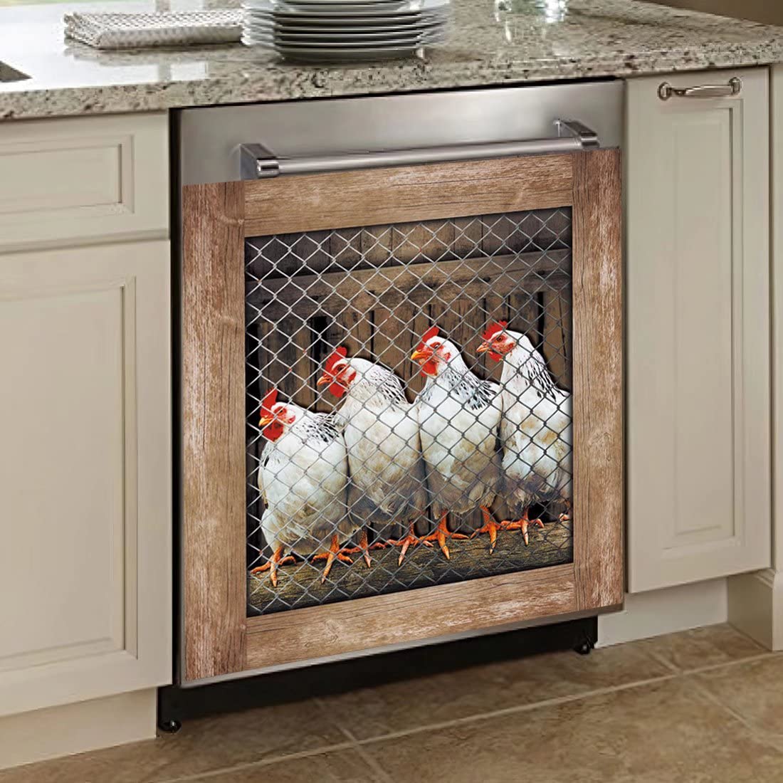 Farmhouse Country Rooster Magnetic Dishwasher Cover - Decorative Chicken Fridge Panel Magnet with Wooden Pattern, 23
