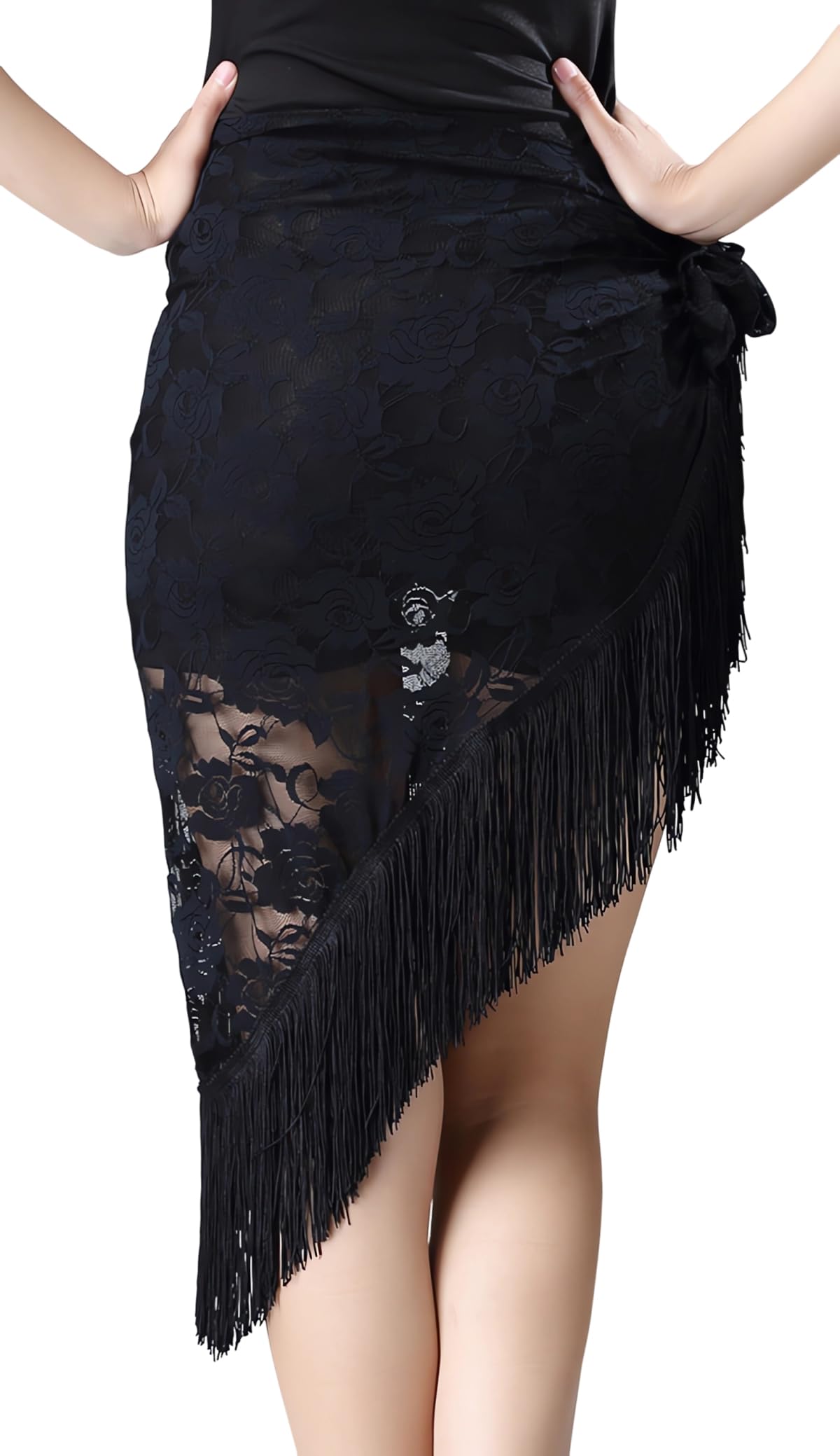 LuckyMoon Women's Latin Dance Hip Scarf with Fringe, Lace-up Tango Skirt Apron for Salsa, Belly Dance, Rave Party & Performance, Black