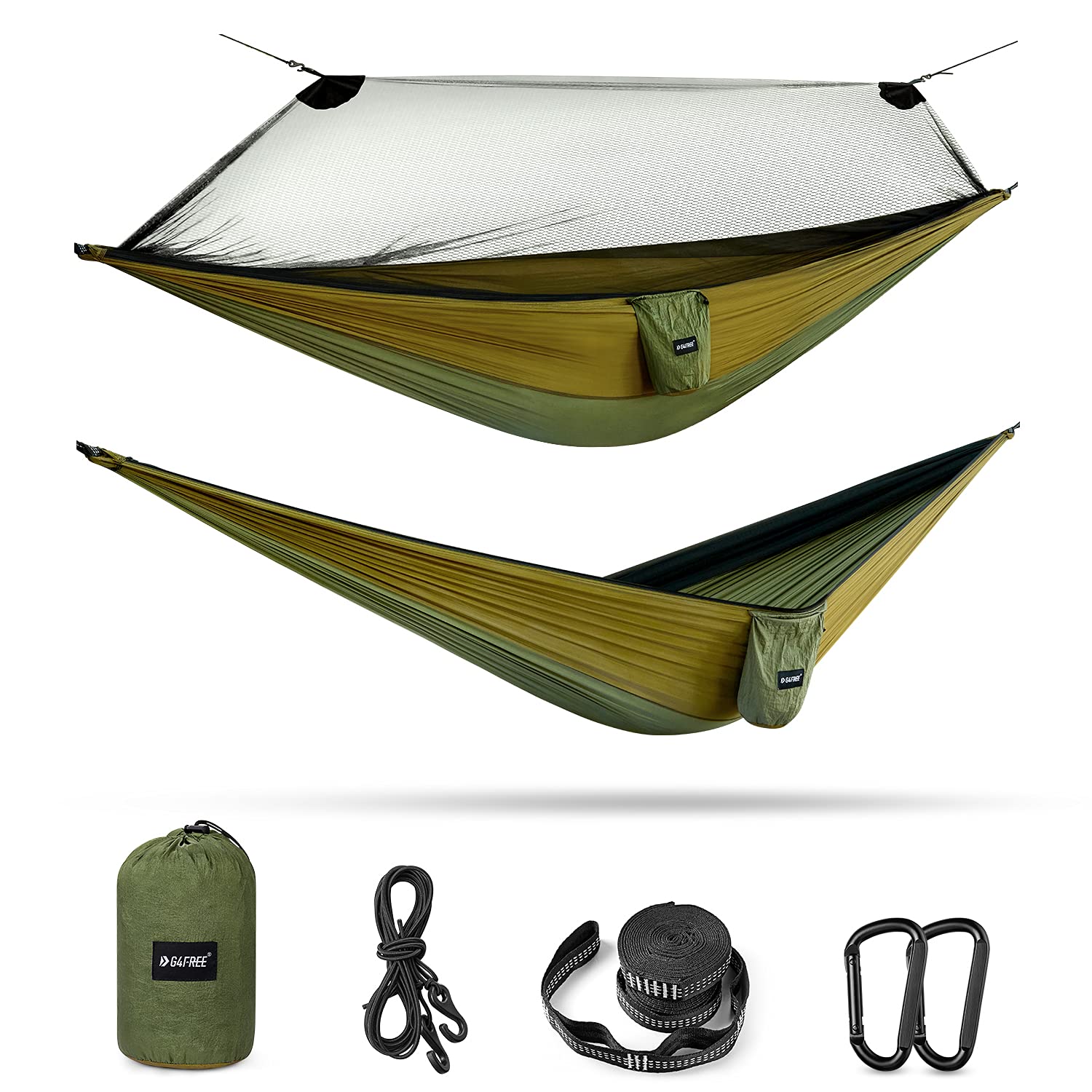 G4Free 2-Person Camping Hammock with Mosquito Net - Lightweight Parachute Hammock for Outdoor Backpacking, Hiking & Backyard Relaxation | Includes Tree Straps for Easy Setup | Perfect for Camping Trips, Beach Lounging & Garden Swings