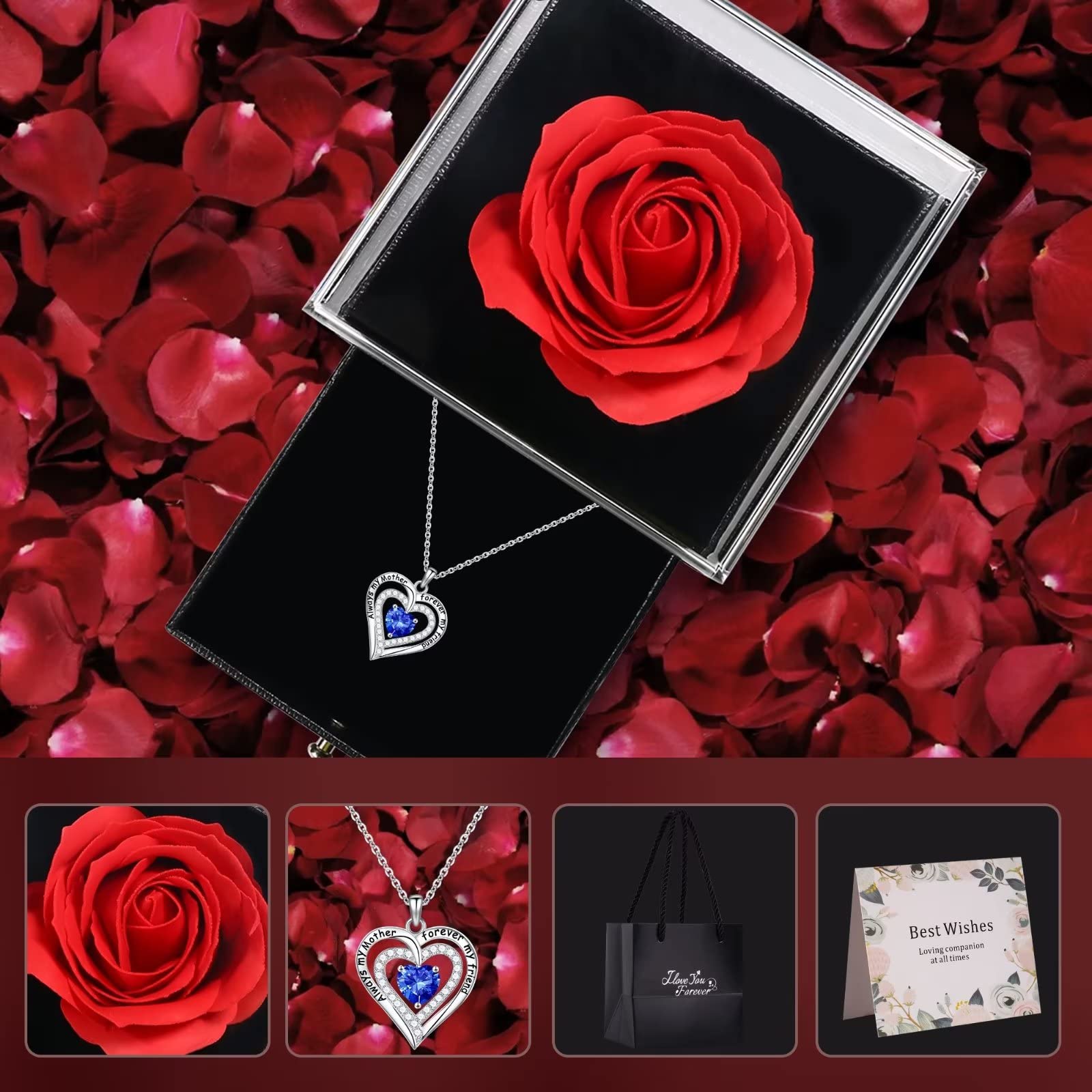 Eternal Preserved Red Rose Heart Birthstone Necklace - Romantic Jewelry Gift for Women, Wife, Girlfriend, Mom | Perfect for Mother's Day, Christmas, Birthday & Anniversary | Elegant Keepsake for Special Occasions