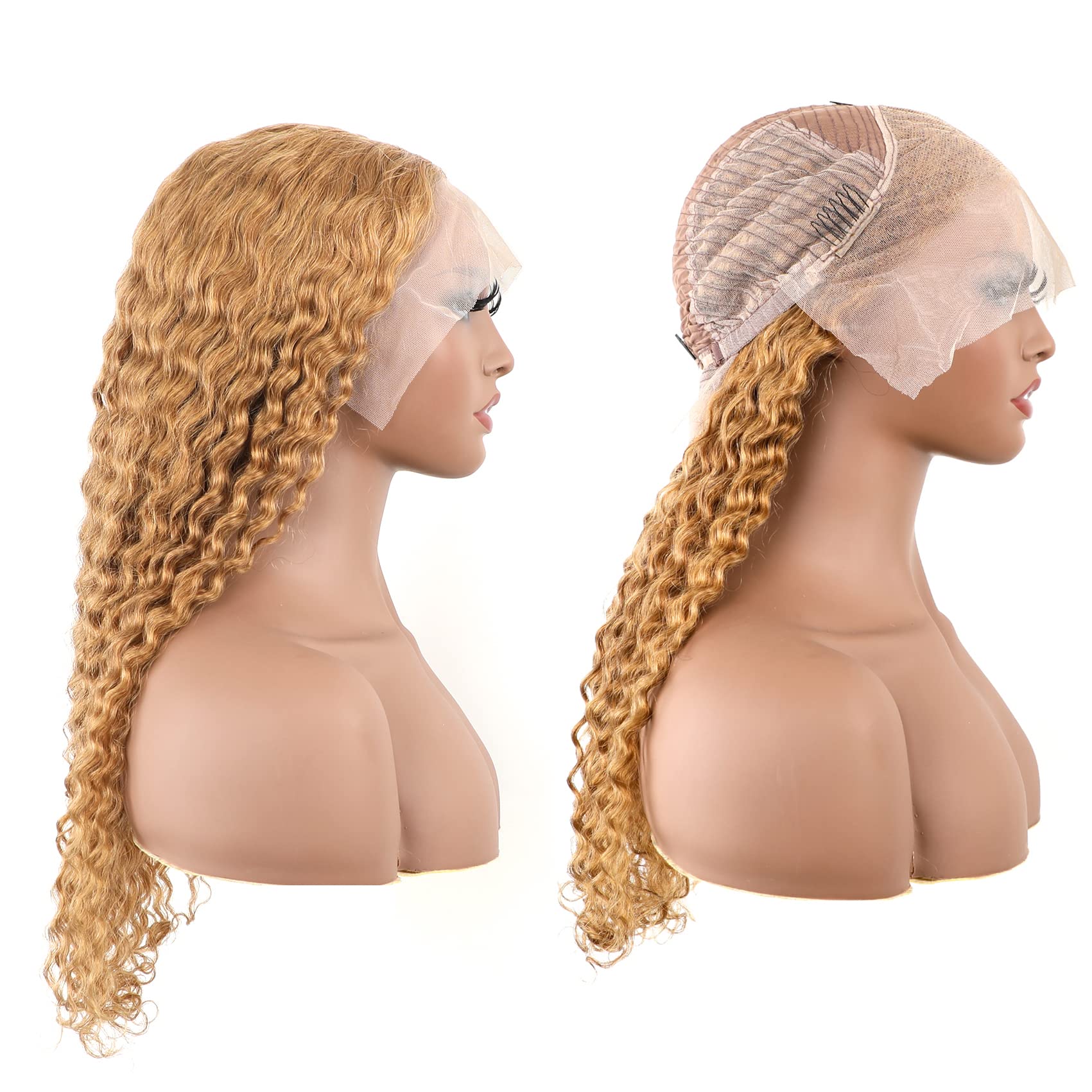 BLY Light Brown 10A Human Hair Blonde Wig - 13x4 HD Transparent Lace Front, Pre Plucked Deep Wave Curly Glueless Wigs for Women (180% Density, #27 Color, 26 Inch) - Perfect for Cosplay, Daily Wear & Special Occasions