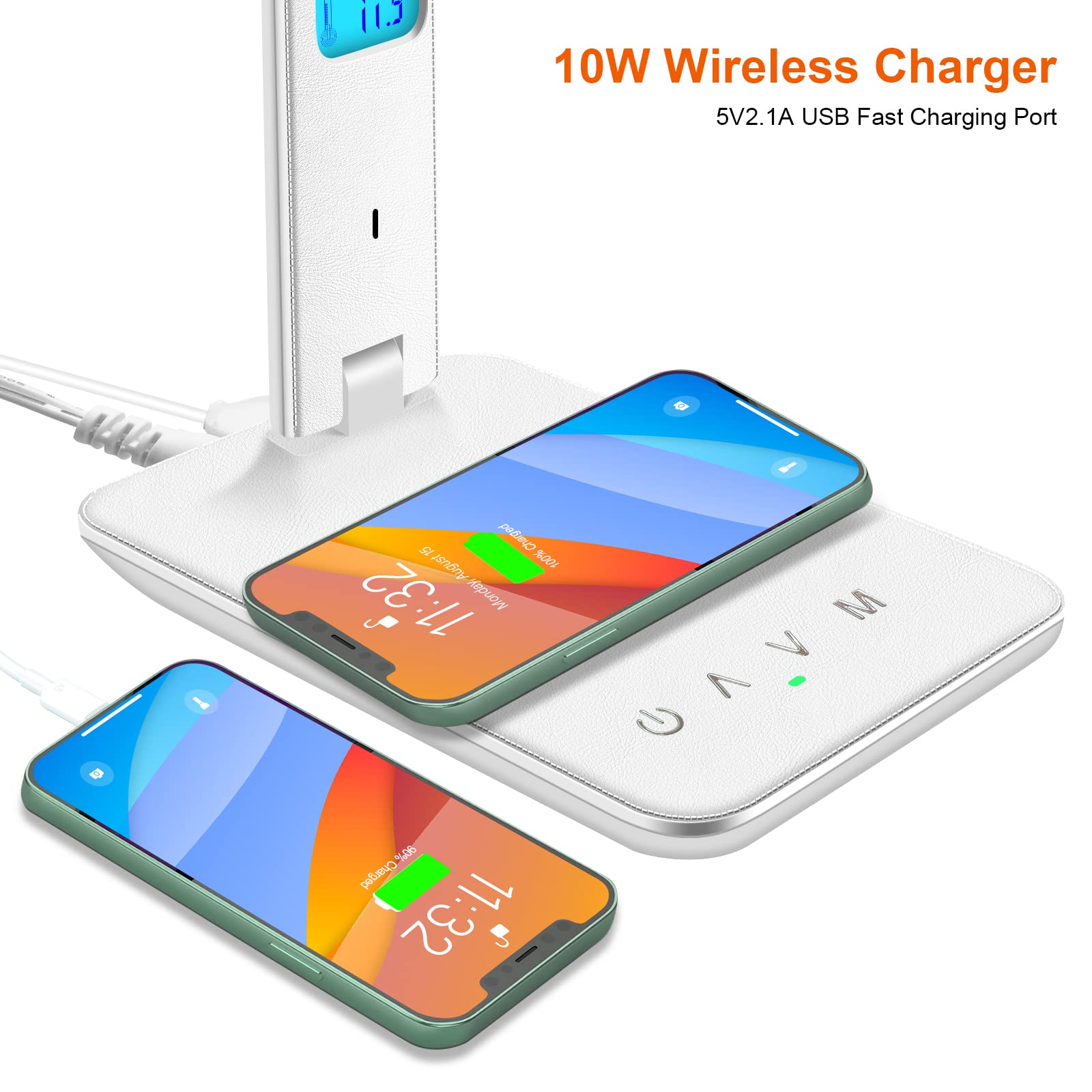 Wireless Charging Desk Lamp with USB Port, Dimmable LED Office Light - Built-in Clock, Alarm, Date & Temperature Display - Foldable Table Lamp for Bedroom, Bedside, Office & Study (White) | Perfect for Night Reading, Working & Charging Devices