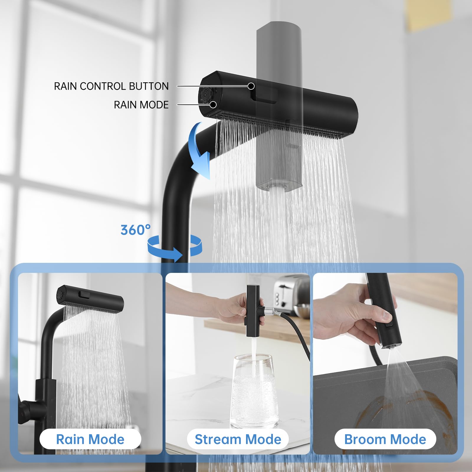 RUMOSE Matte Black Kitchen Faucet with Pull Down Sprayer - High Arc Waterfall RV Sink Faucet, 3-Mode Commercial Spray, 360° Swivel, Stainless Steel (Fits Single/3 Hole) - Perfect for RV, Laundry & Small Kitchen Sinks