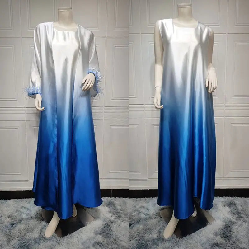 2 Piece Set Color Gradient Satin Open Abaya Dress with Inner Sleeveless Dress - Elegant Muslim Women's Prayer Dress for Eid, Ramadan & Special Occasions