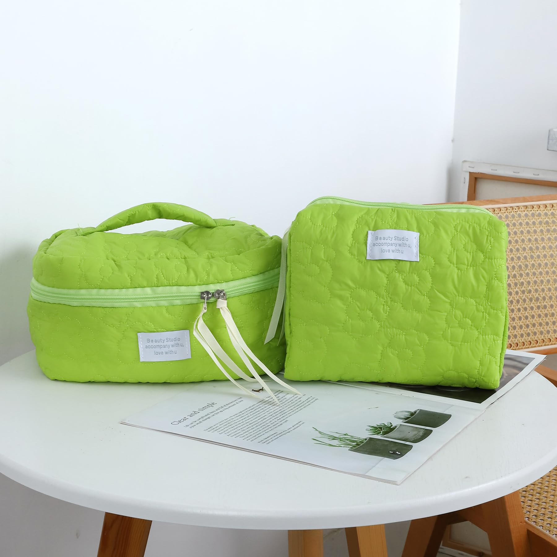 2PCS Large Quilted Makeup Bags for Women - Floral Cosmetic Organizer, Aesthetic Flower Toiletry Bag, Travel Essentials Case (Green, 2 Sizes) | Perfect for Travel, Gym & Daily Beauty Storage