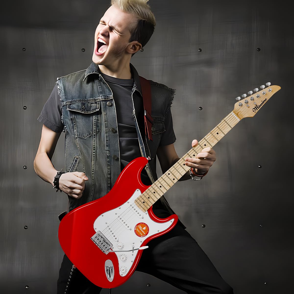 39 Inch Full Size Electric Guitar Kit with Solid Body, S-S-S Pickups & 6 Strings - Includes Gig Bag, Strap, Tremolo Arm, Cable & Picks - Perfect for Beginners & Practice (Red) - Ideal for Home Studio, Live Performances & Music Lessons