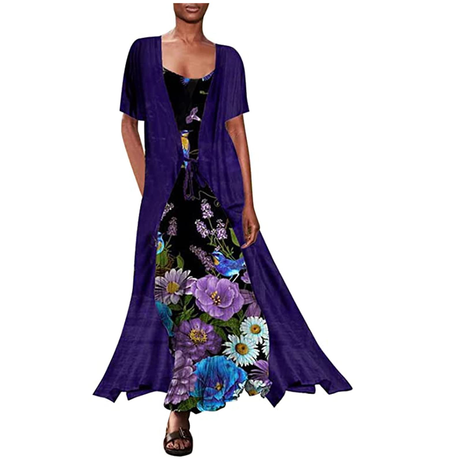 2 Piece Summer Outfit for Women - Floral Chiffon Long Cardigan & Sleeveless Crewneck Dress Set | Wedding Guest, Beach Coverup, Casual Wear, Vacation Outfit